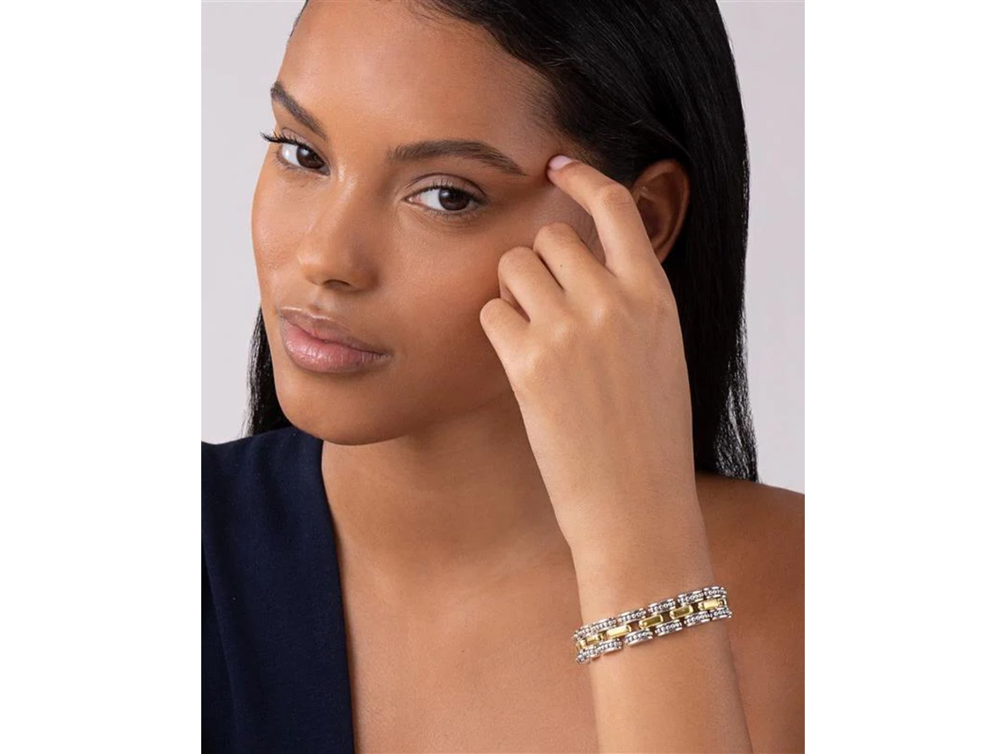 18K Yellow Gold & Sterling Silver High Bar Link Bracelet — Image 3