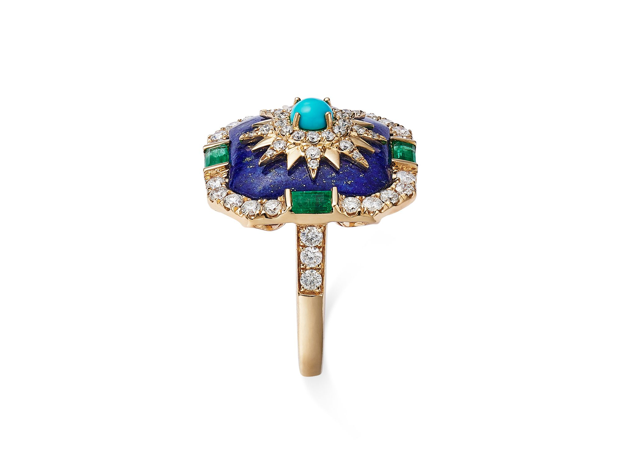 Turquoise, Lapis, Emerald, and Diamond Star Statement Ring in 14K Yellow Gold — Image 4