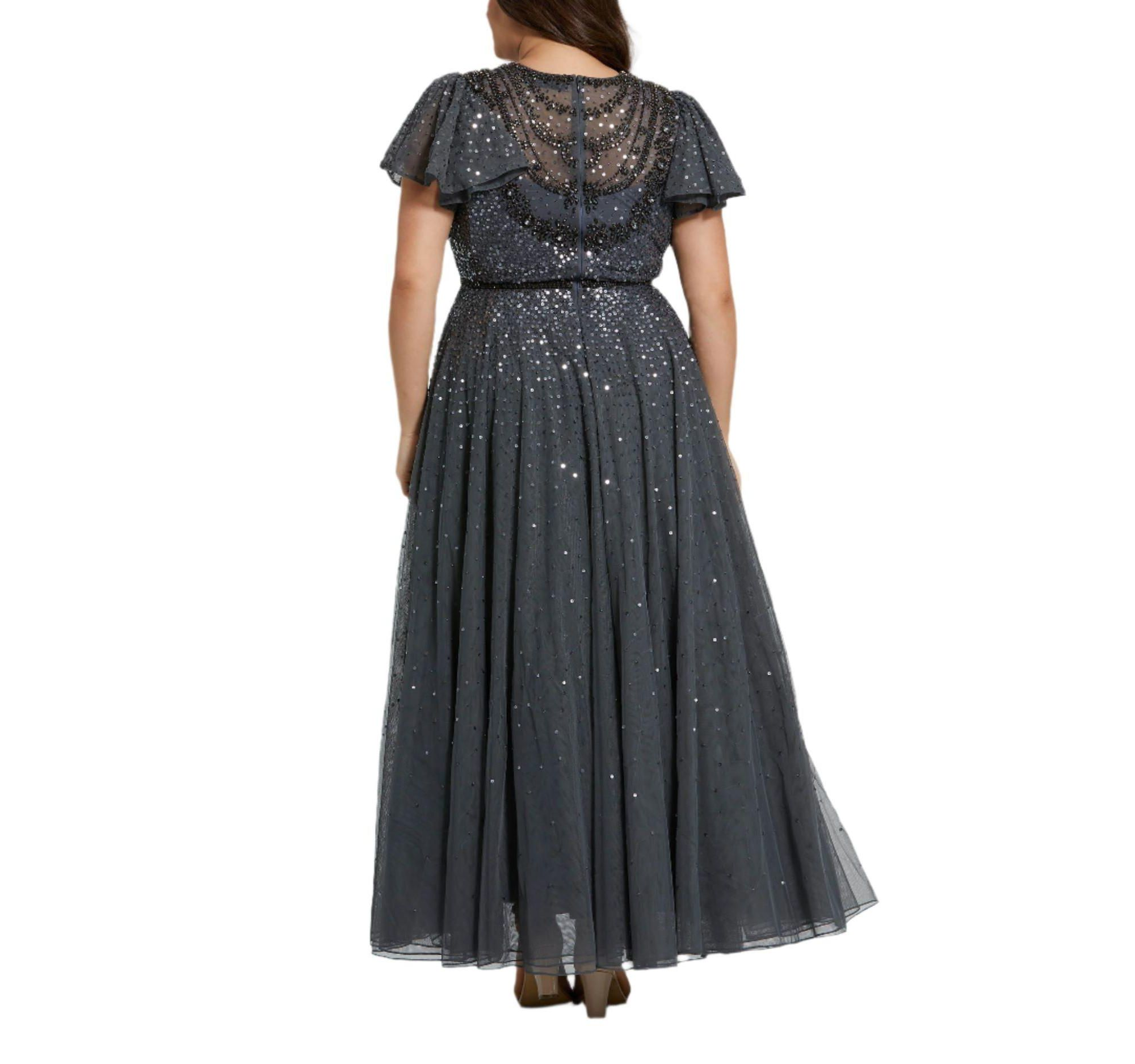 Plus Sheer Flutter Sleeve Beaded Fluffy Net Gown — Image 3