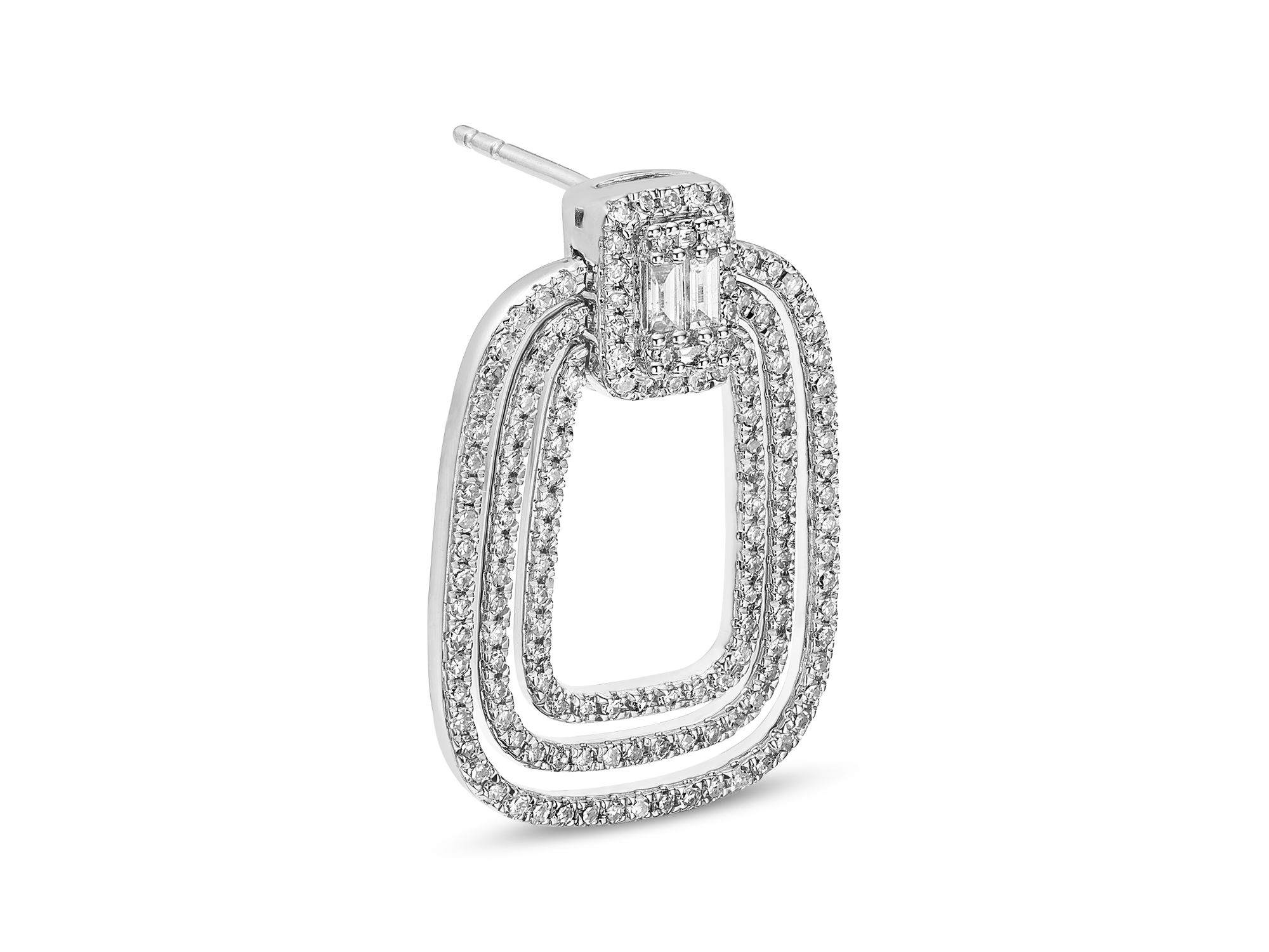 Fine Collection Diamond Round & Baguette Geometric Oval Drop Earrings in 14K White Gold, 1.0 tcw — Image 3