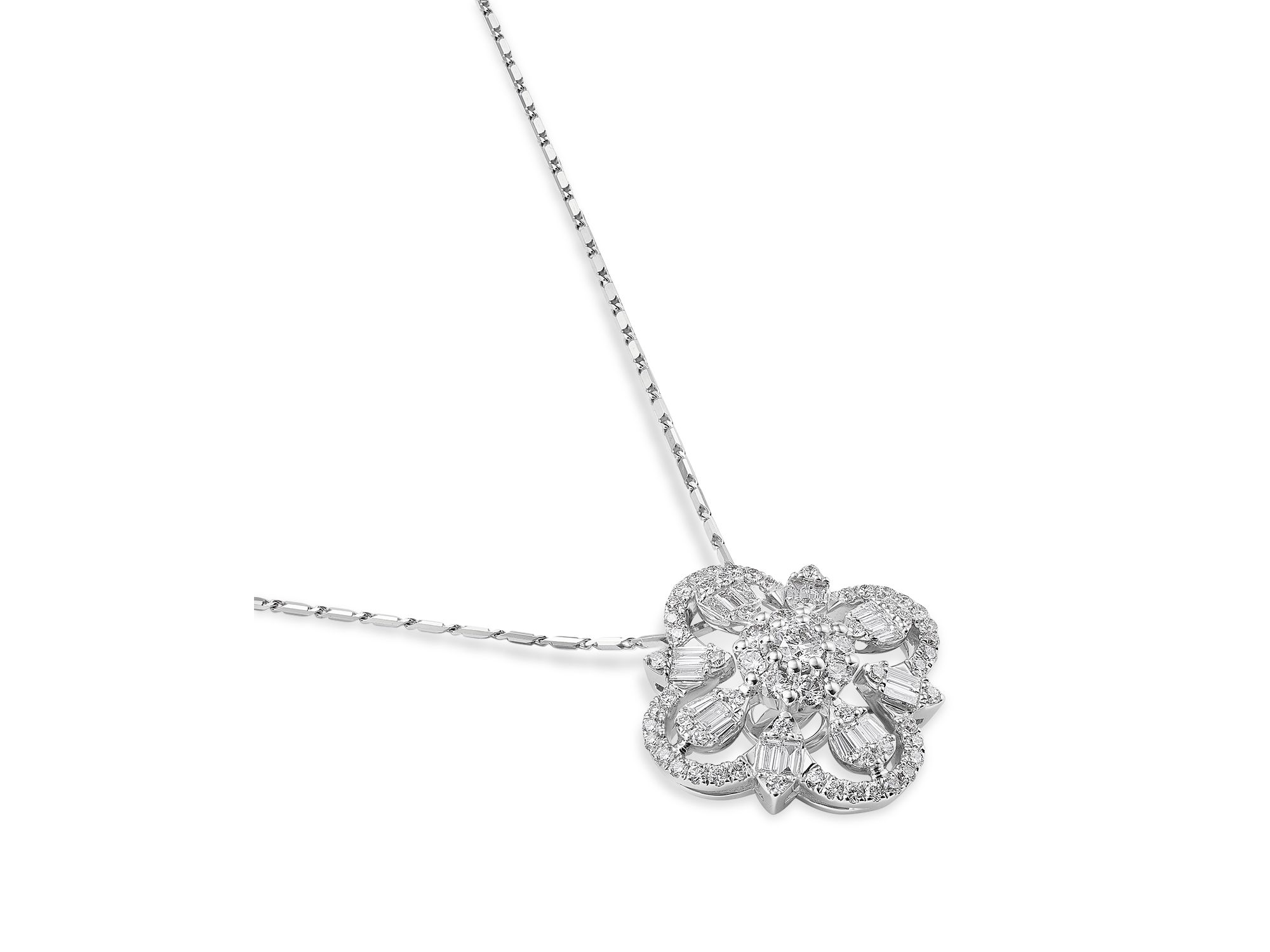 Diamond Baguette & Round Quatrefoil Pendant Necklace in 14K White Gold, 1.20 tcw — Image 3
