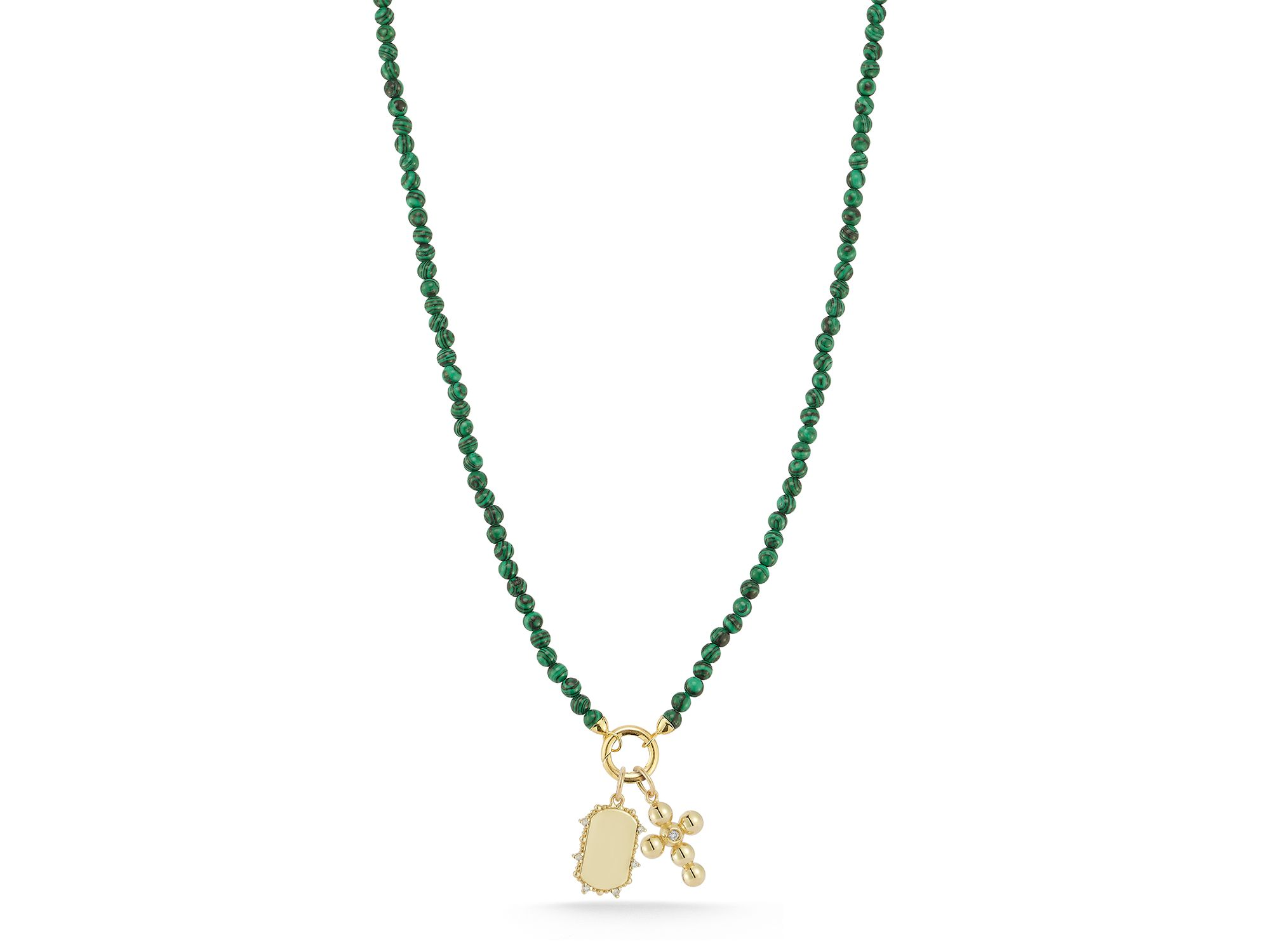 14 Yellow Gold Malachite Beaded Clip Bale Pendant Necklace, 17" — Image 3