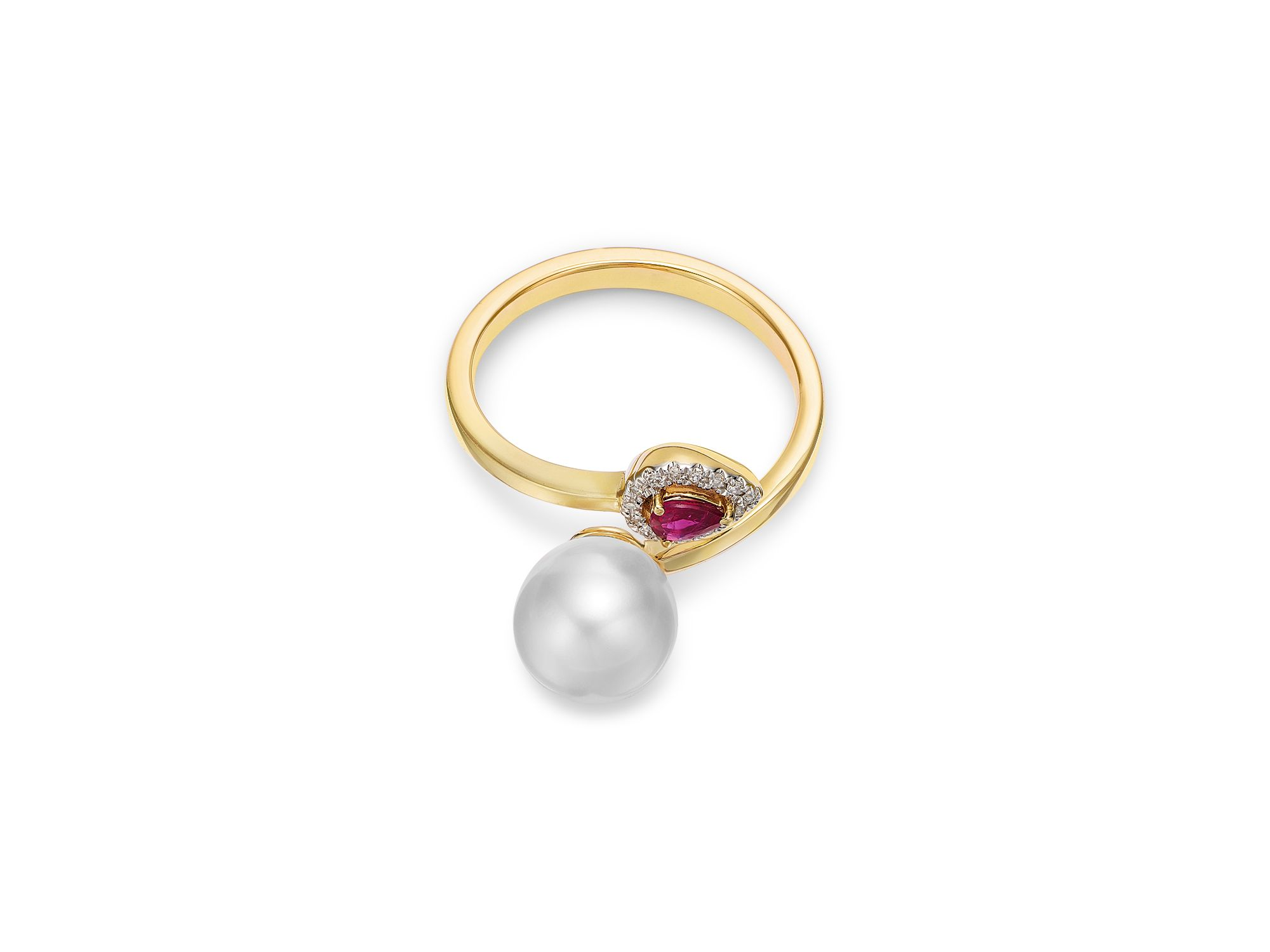 Fine Collection Freshwater Pearl, Ruby, & Diamond Bypass Ring in 14K Yellow Gold — Image 3
