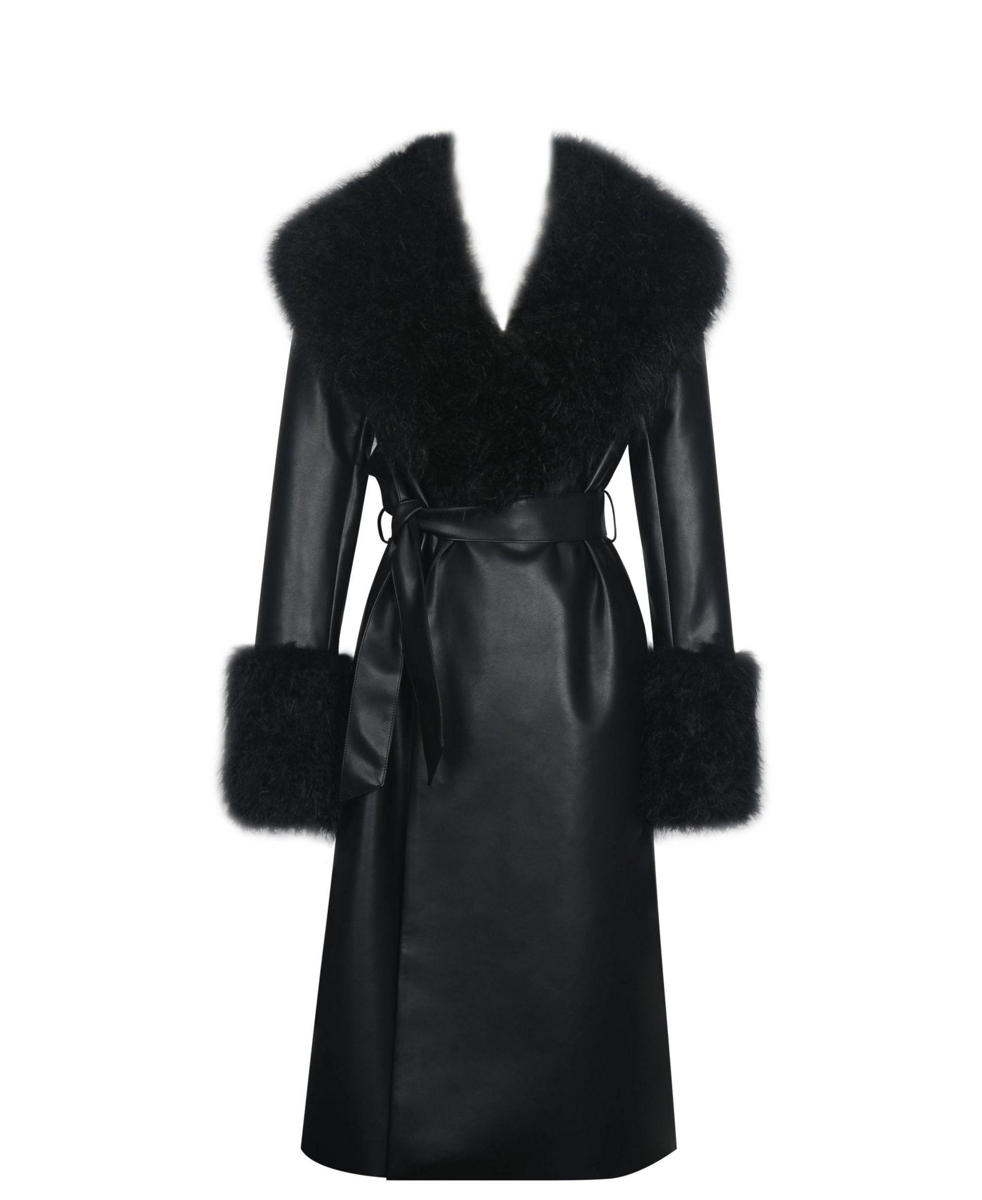 Zariah Faux Fur Trimmed Longline Faux Leather Coat — Image 9