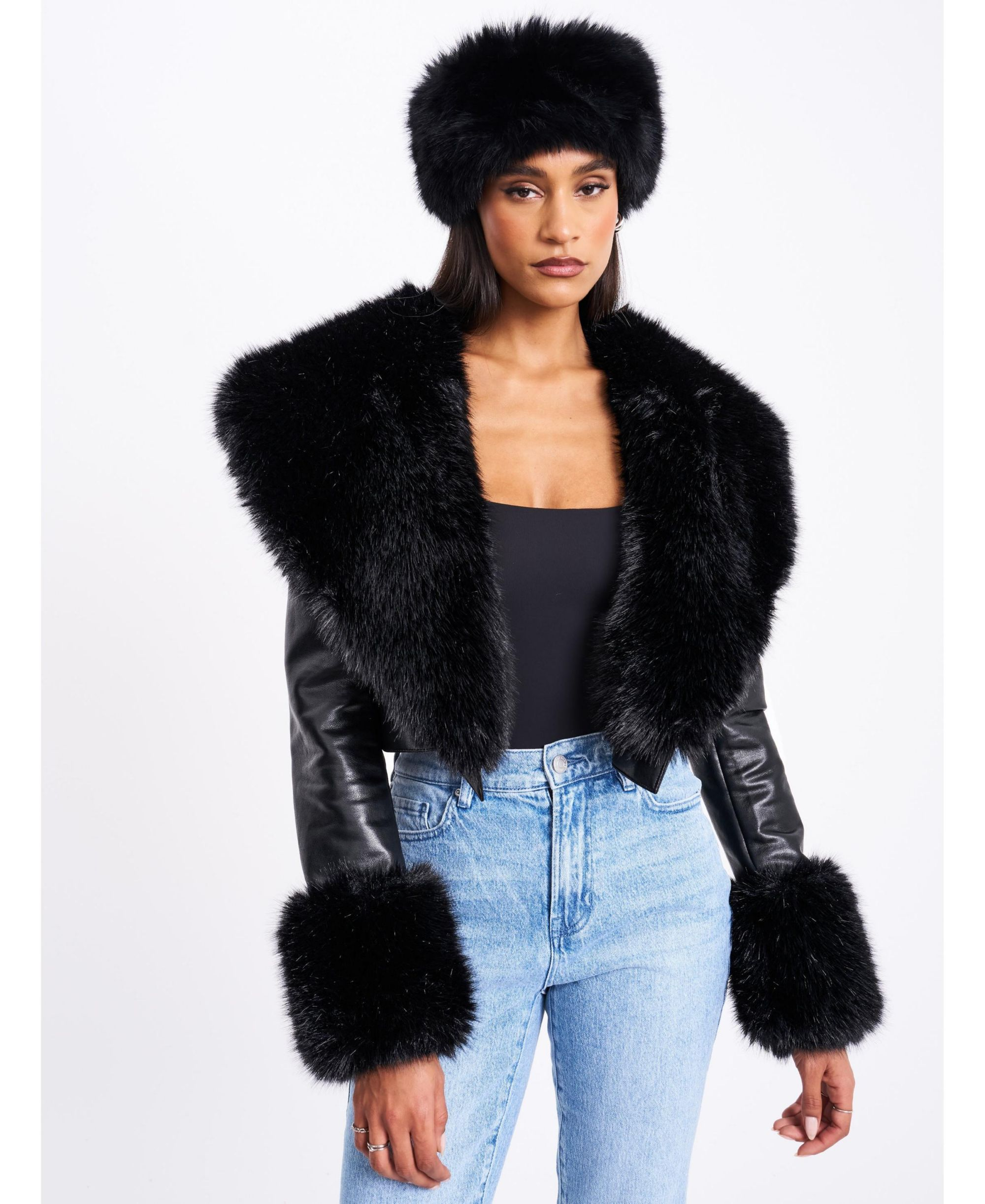 Ziah Cropped Faux Leather Jacket with Fur Collar — Image 3