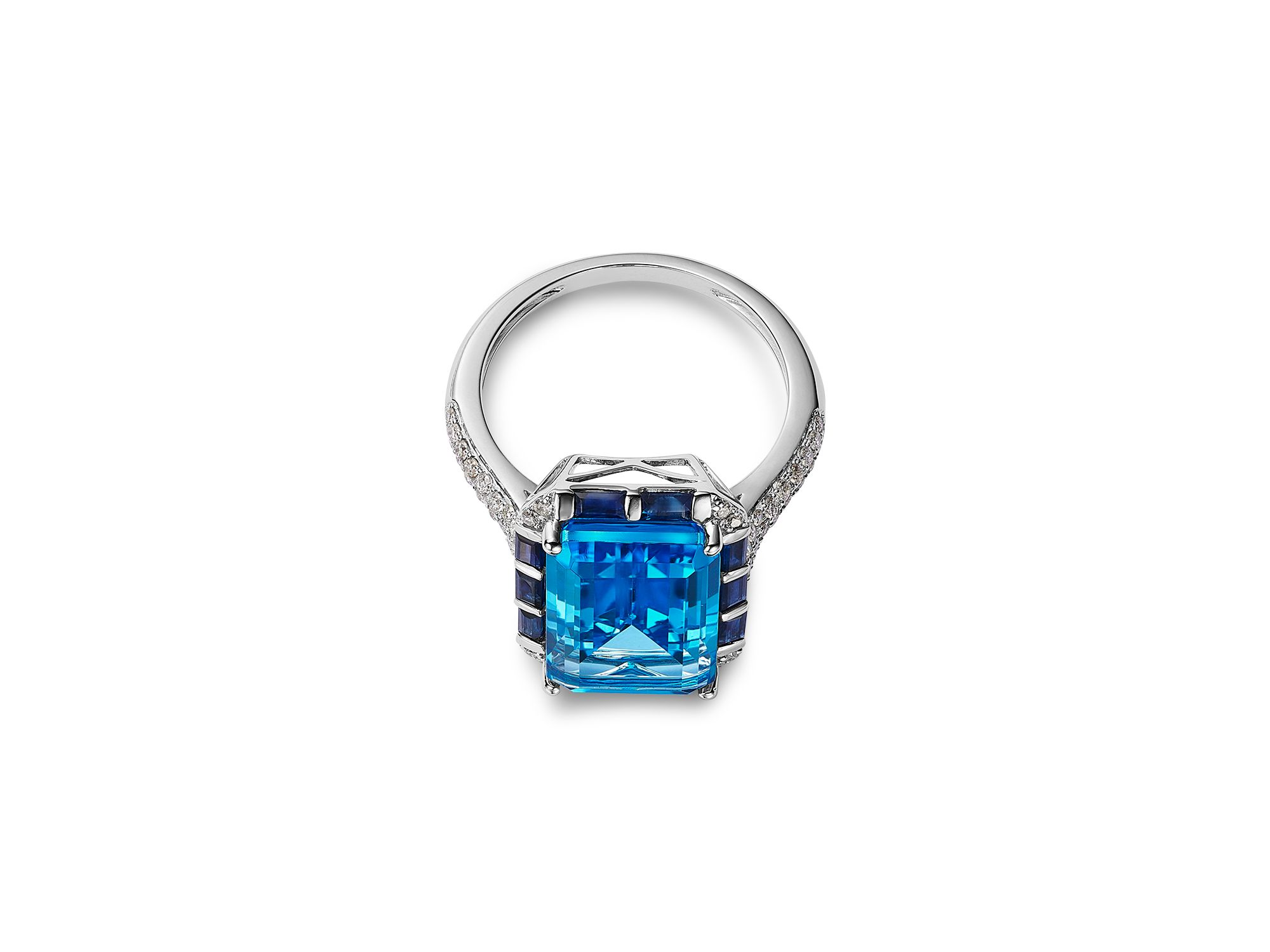 Swiss Blue Topaz, Blue Sapphire & Diamond Octagon Halo Ring in 14K White Gold — Image 3