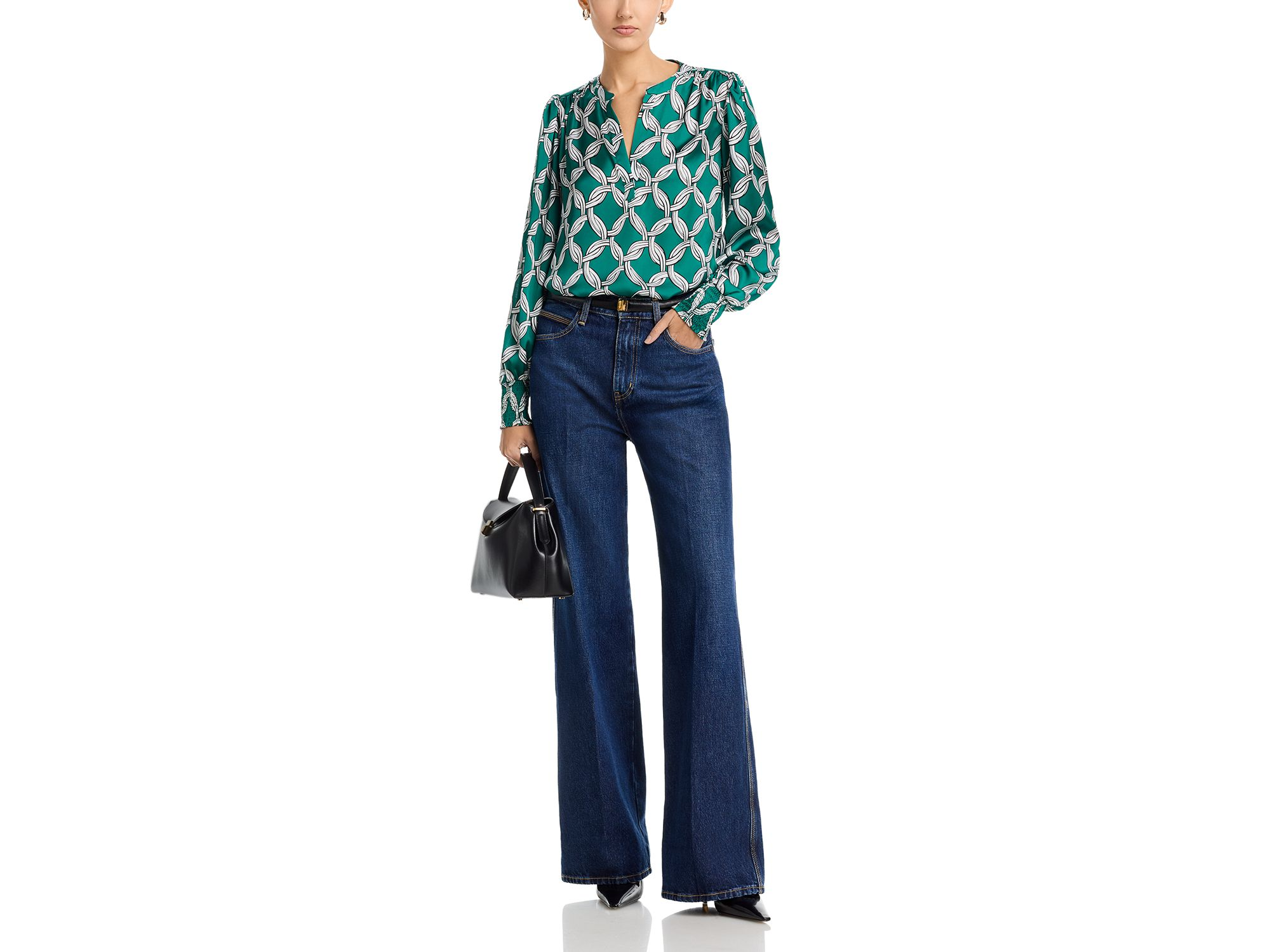 Long Sleeved Split Neck Blouse With Smocked Cuffs — Image 4