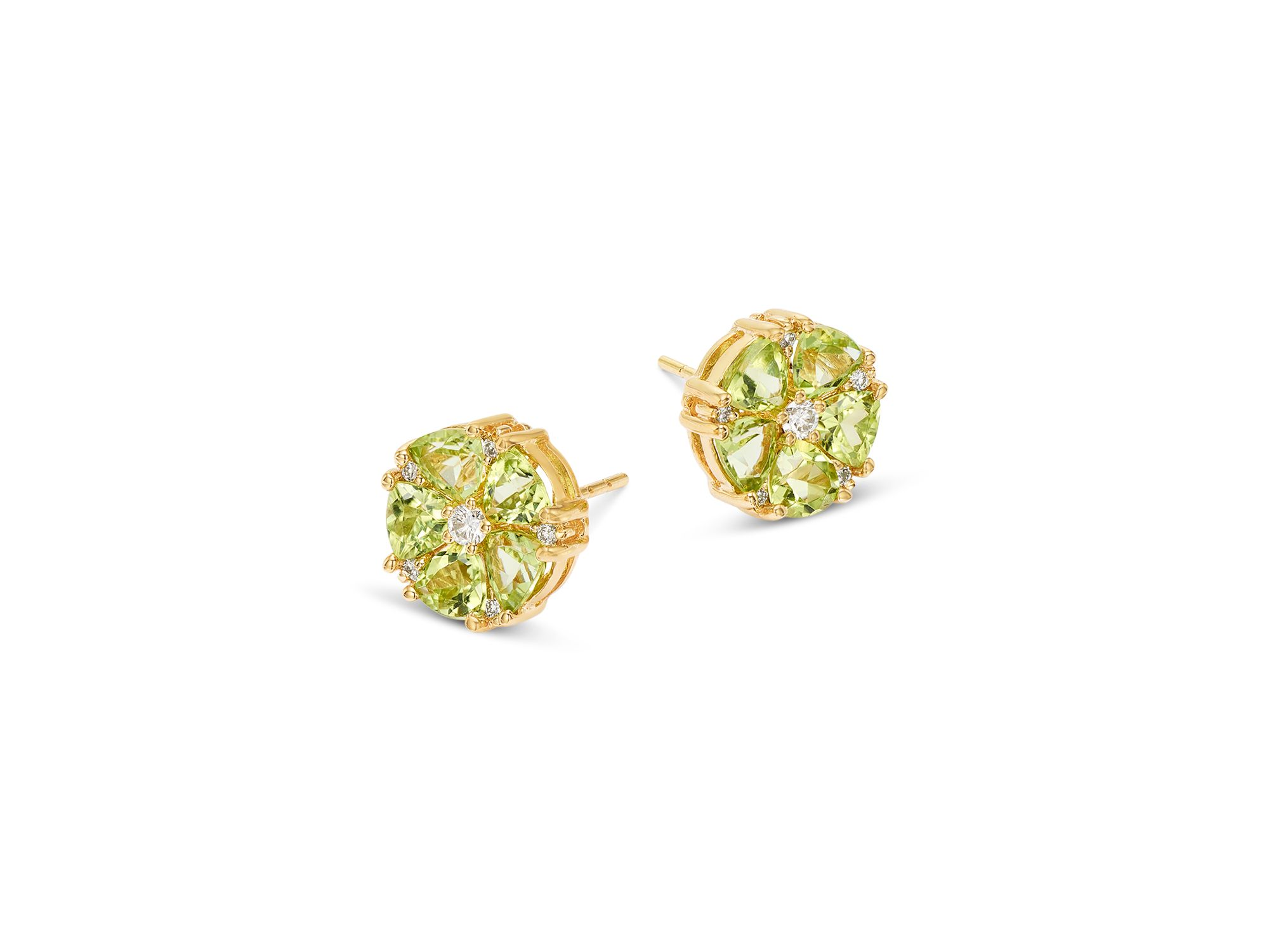 Peridot & Diamond Flower Stud Earrings in 14K Yellow Gold — Image 3