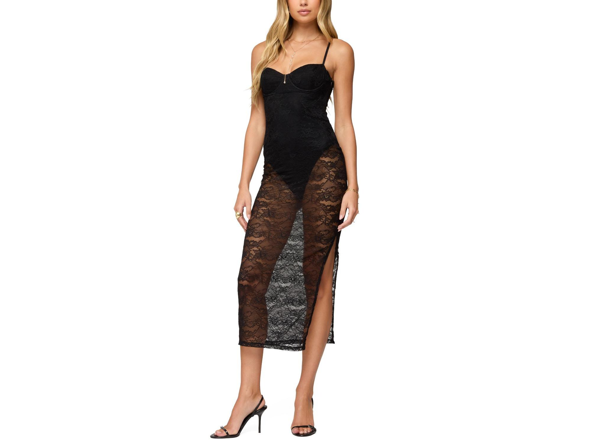 Sheer Lace Built In Bodysuit Midi Dress — Image 4