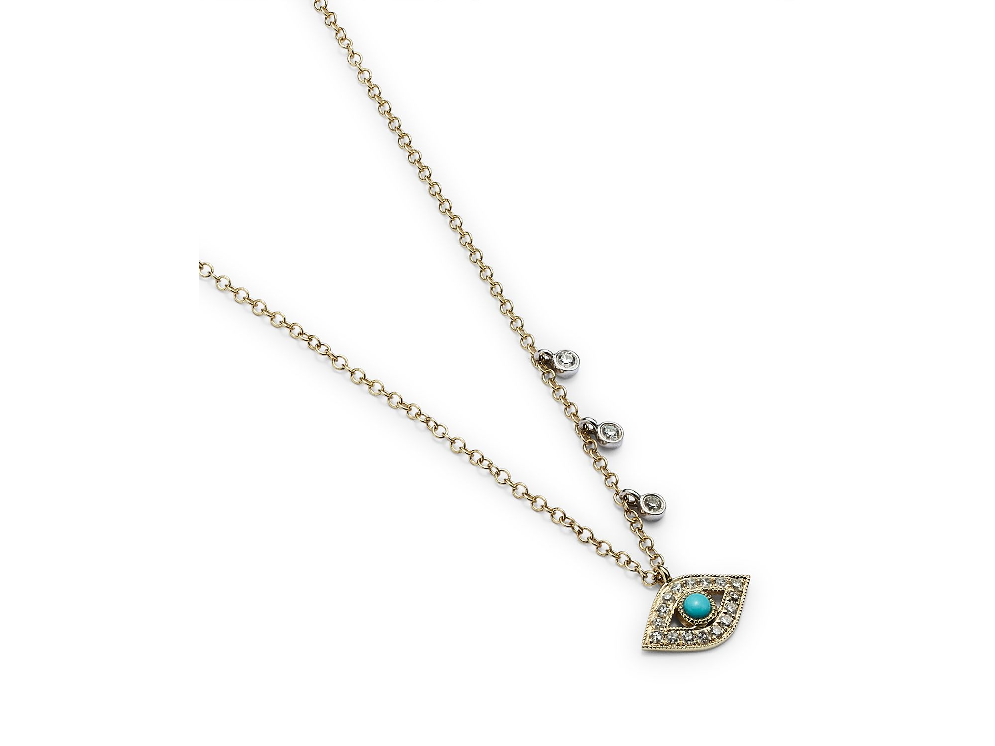 14K Yellow Gold & 14K White Gold Diamond & Turquoise Evil Eye Adjustable Pendant Necklace, 18" — Image 3