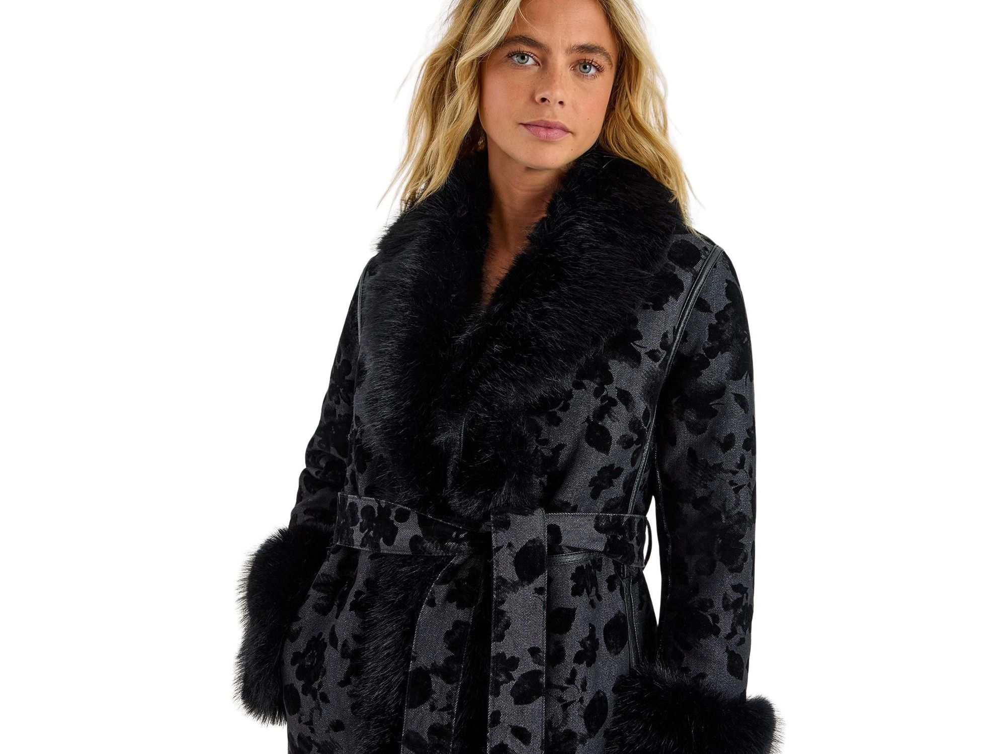 Faux Fur Floral Jacquard Coat — Image 3