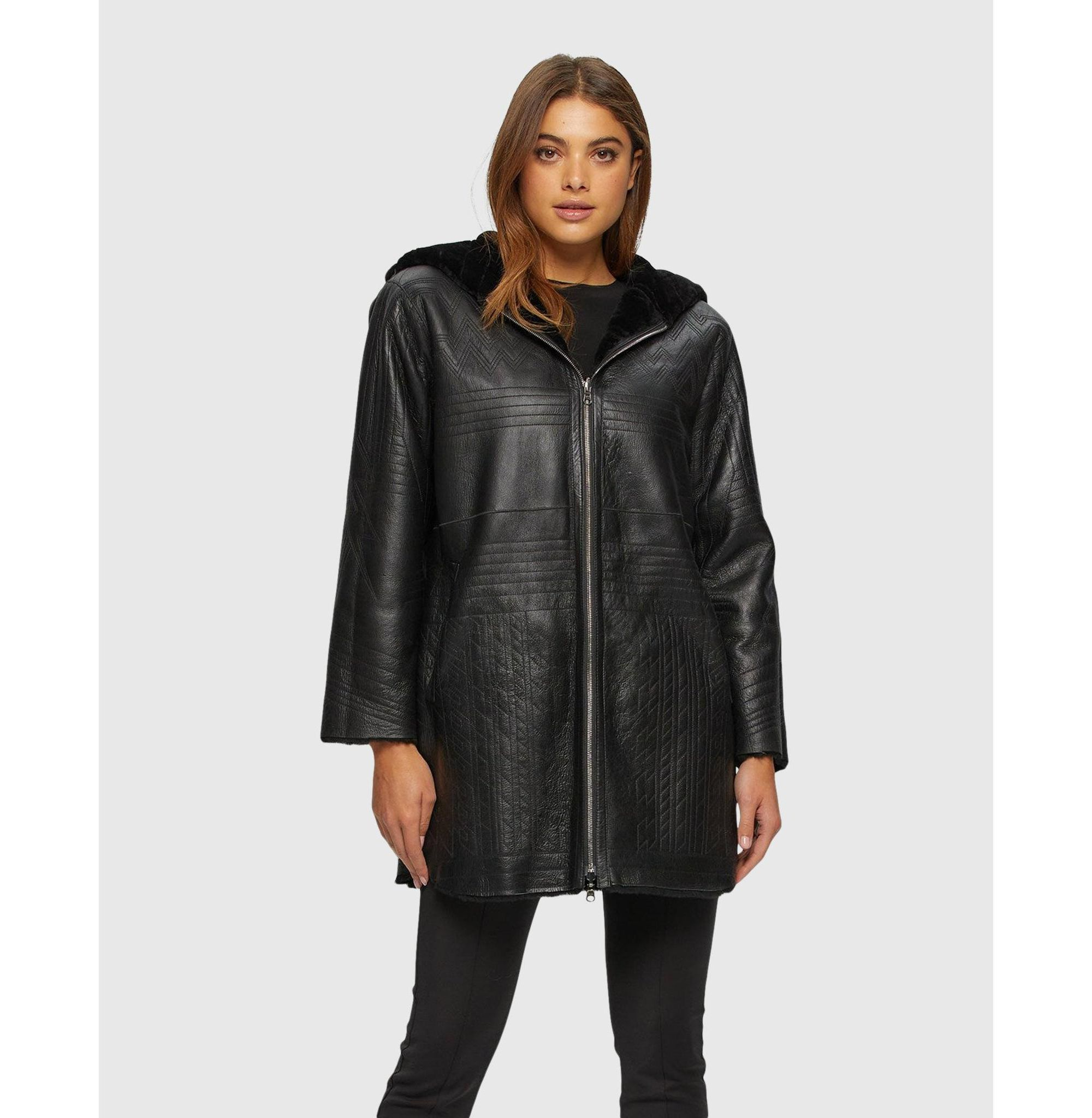 Reversible Shearling Parka Coat with Grooved Pattern — Image 3