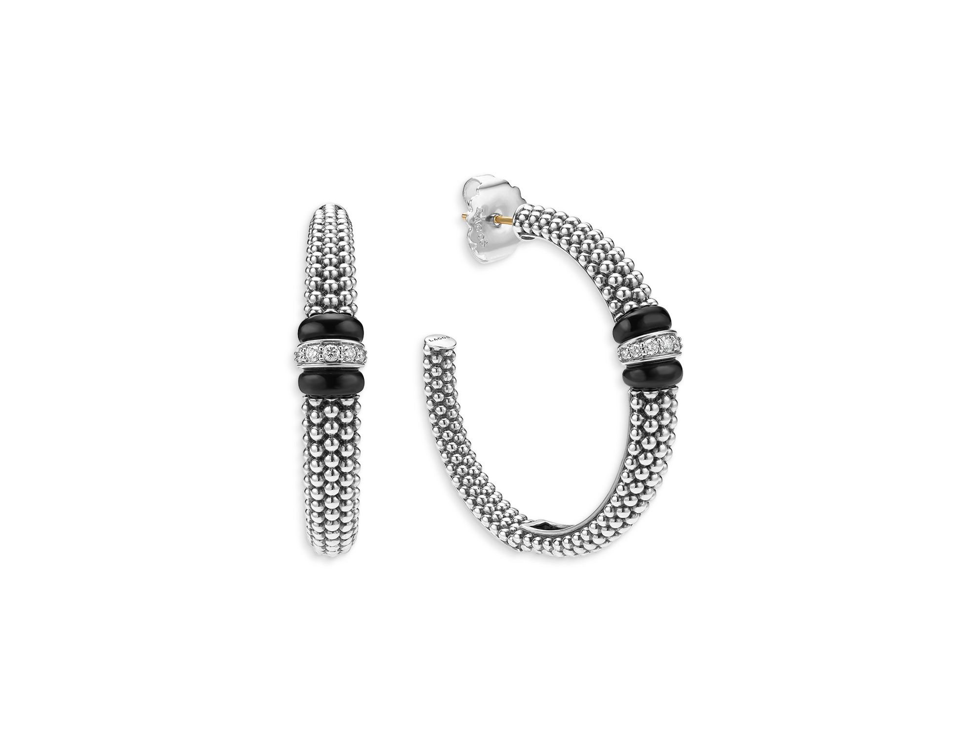 Sterling Signature Black Caviar Diamond Beaded Large Hoop Earrings — Image 4
