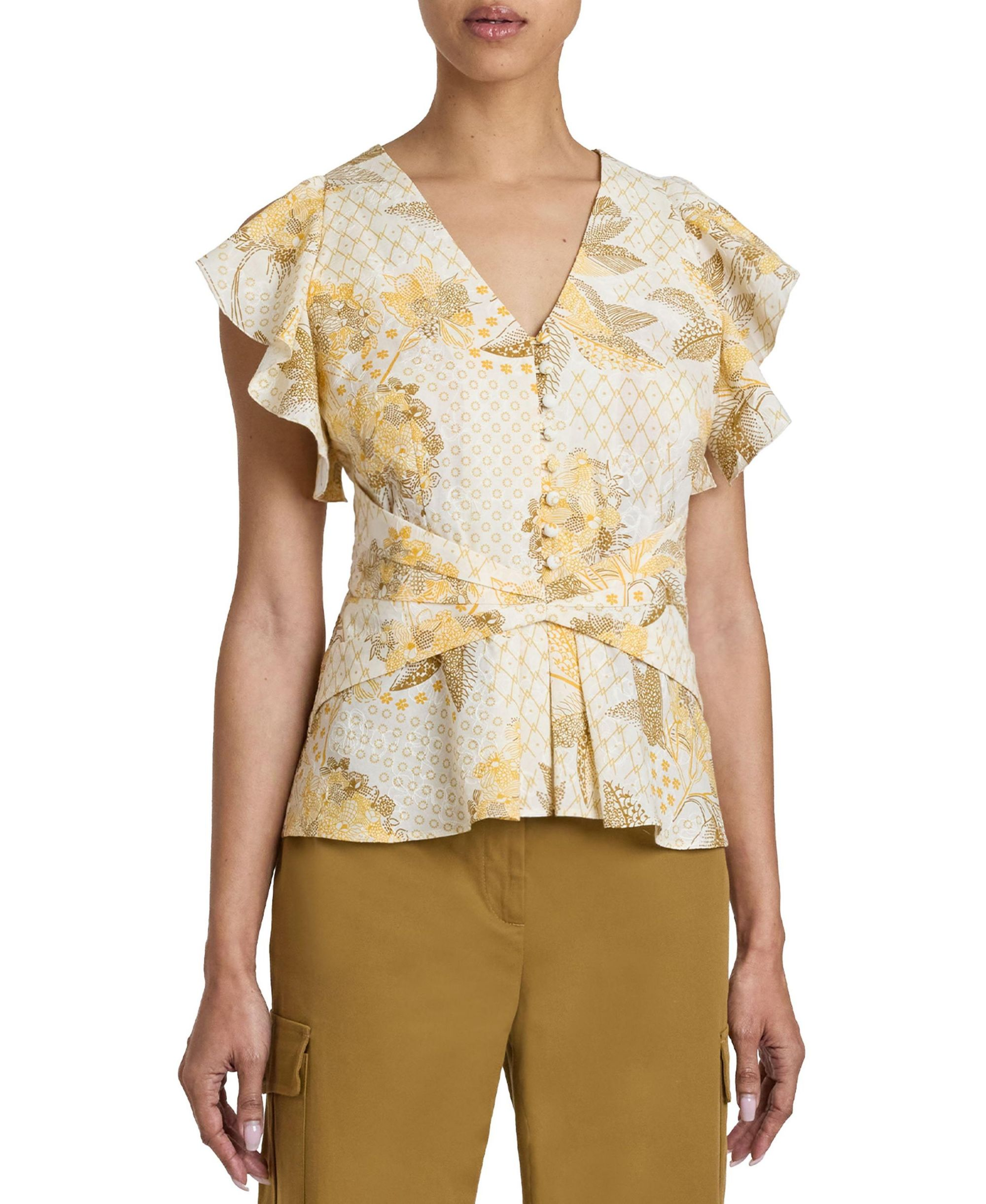 ELLA Flutter Sleeve Buttoned Blouse with Waist Panel in Floral Printed Cotton Cloque - Image 1