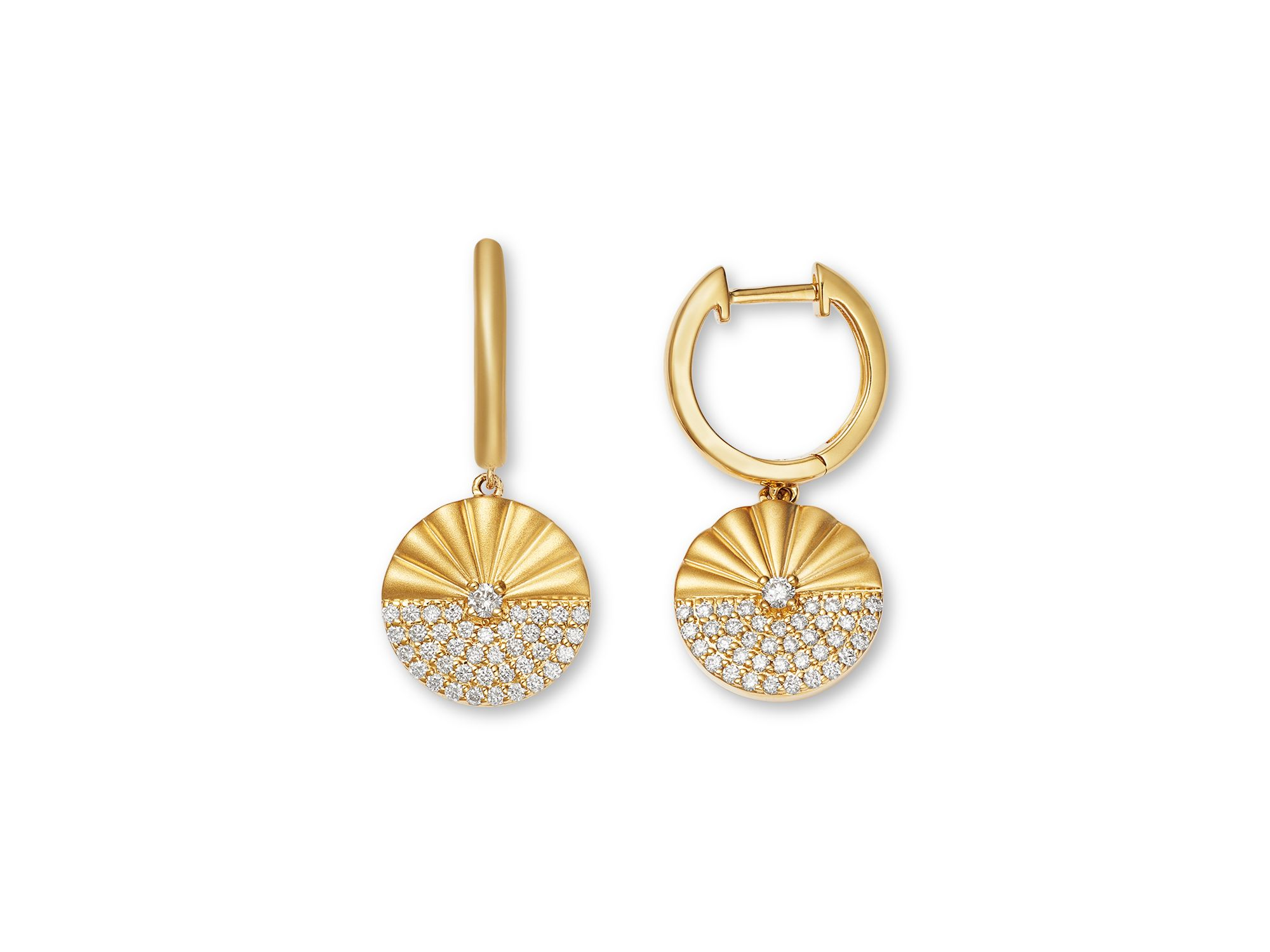 Diamond Pavé Ridge Textured Circle Drop Earrings in 14K Yellow Gold, 0.42 tcw — Image 3