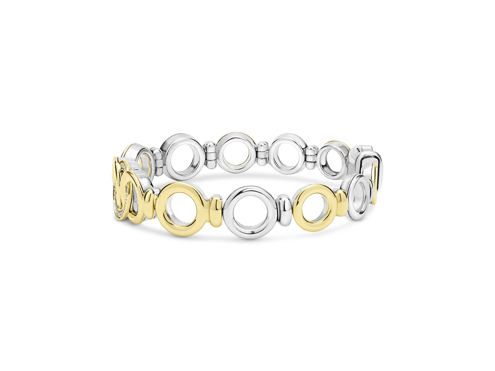 18K Yellow Gold & Sterling Silver Signature Caviar Diamond Interlocking Ring Link Bracelet — Image 5