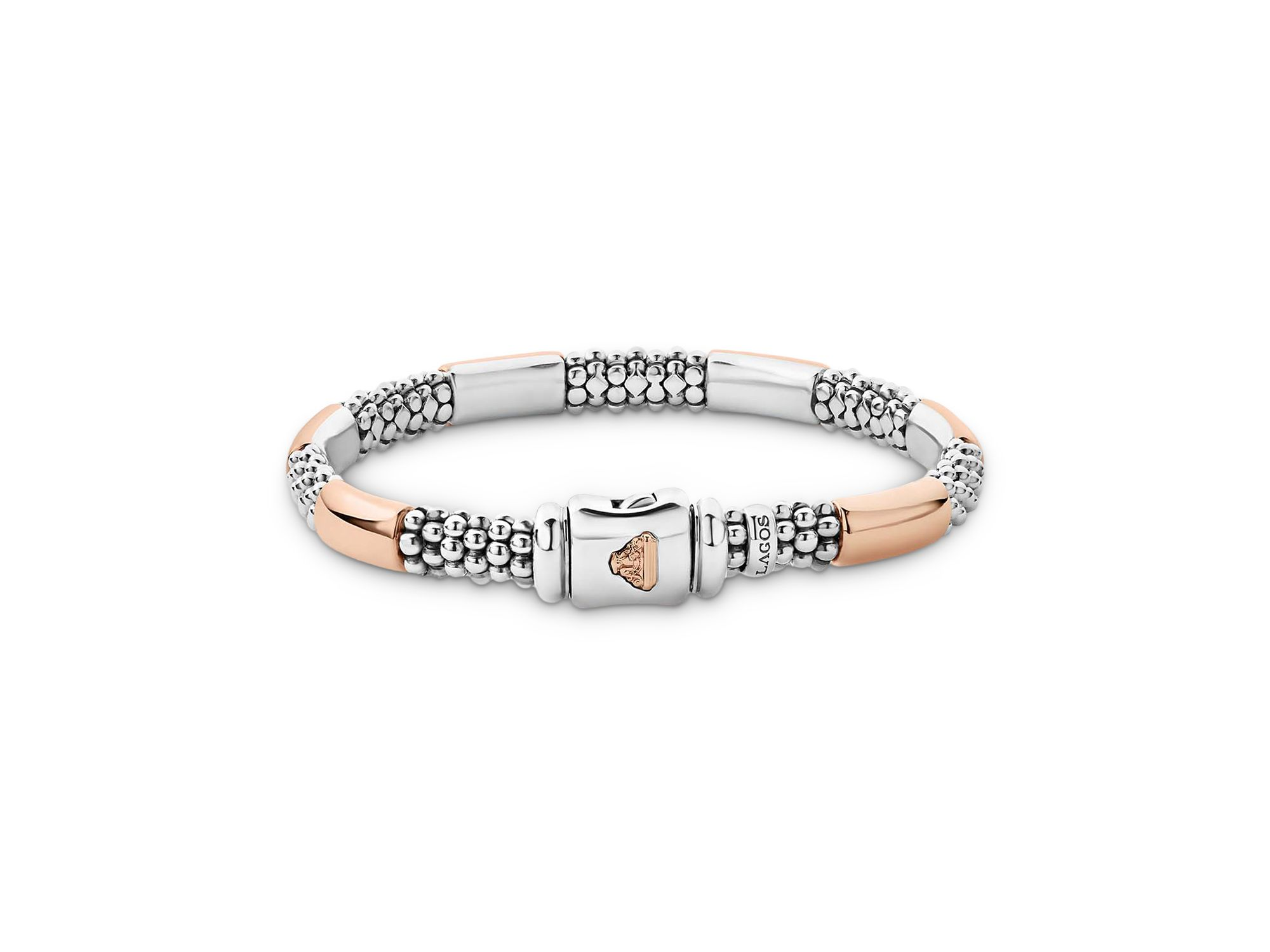 18K Rose Gold & Sterling Silver High Bar Polished & Caviar Bead Bracelet — Image 3