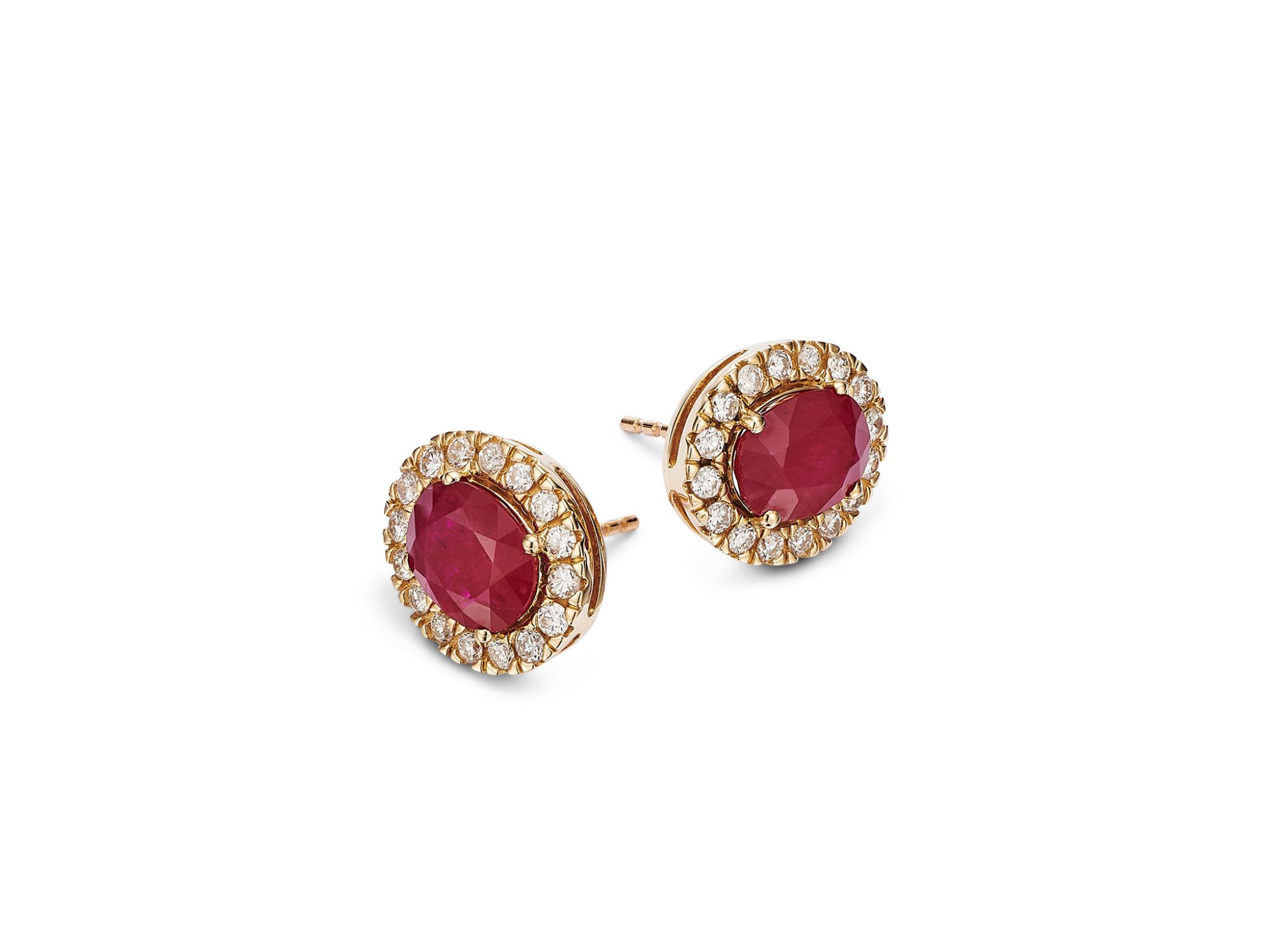 Ruby & Diamond Oval Halo Stud Earrings in 14K Yellow Gold — Image 4