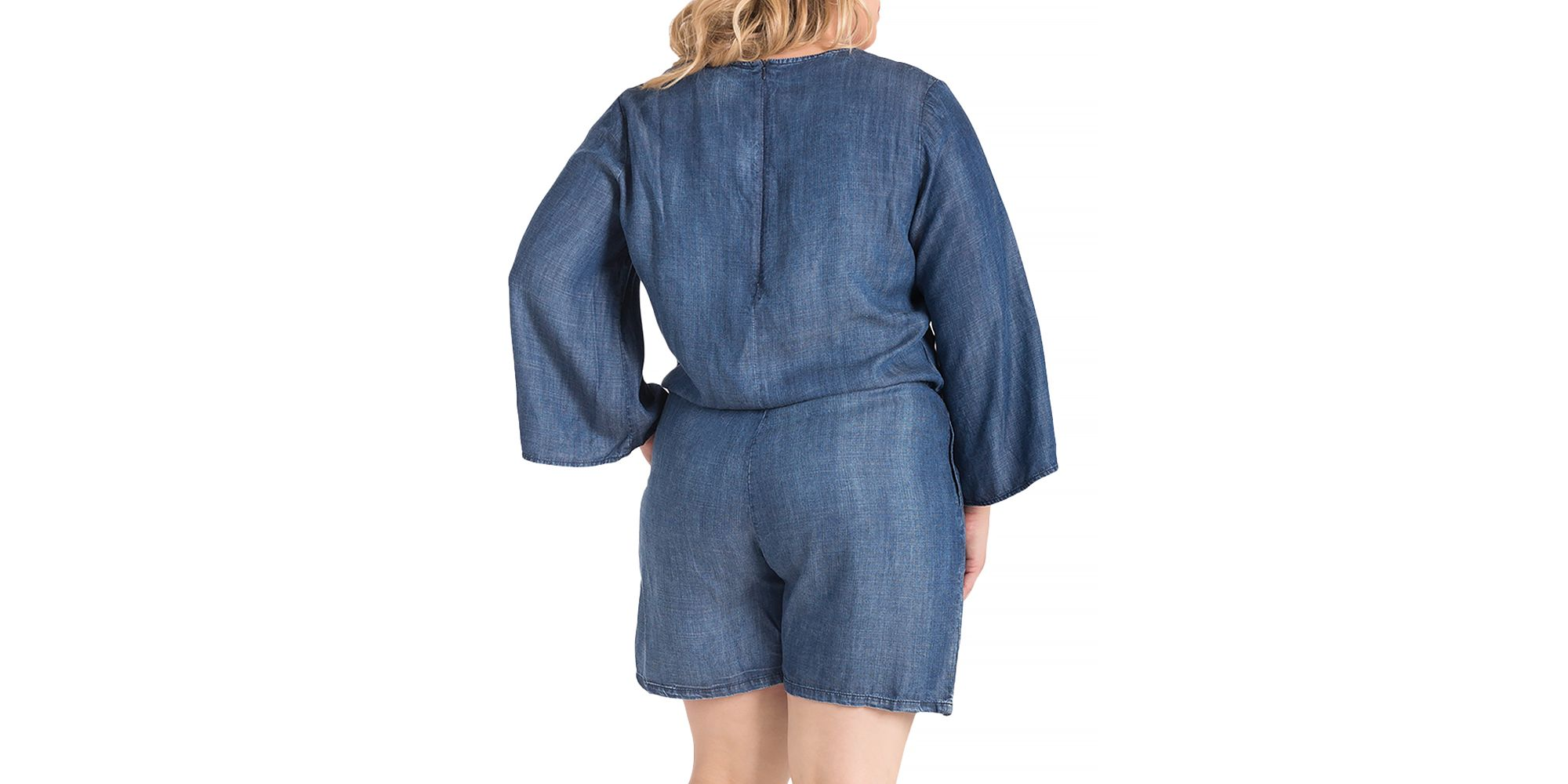 Plus Bell Sleeve Lace Up Denim Romper — Image 3