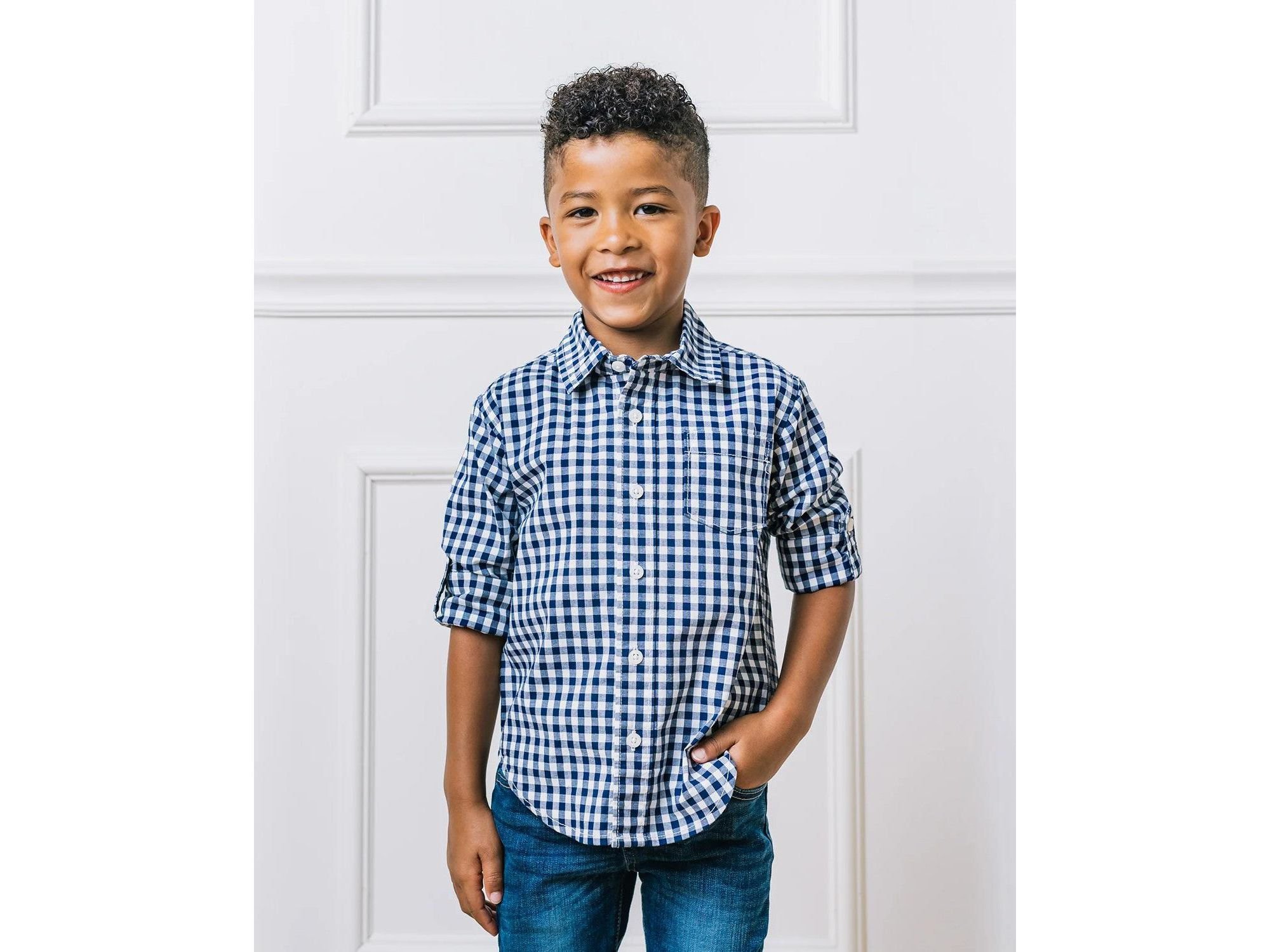 Boys' Organic Long Sleeve Stretch Poplin Roll-Up Button Down Shirt - Baby, Little Kid, Big Kid — Image 5