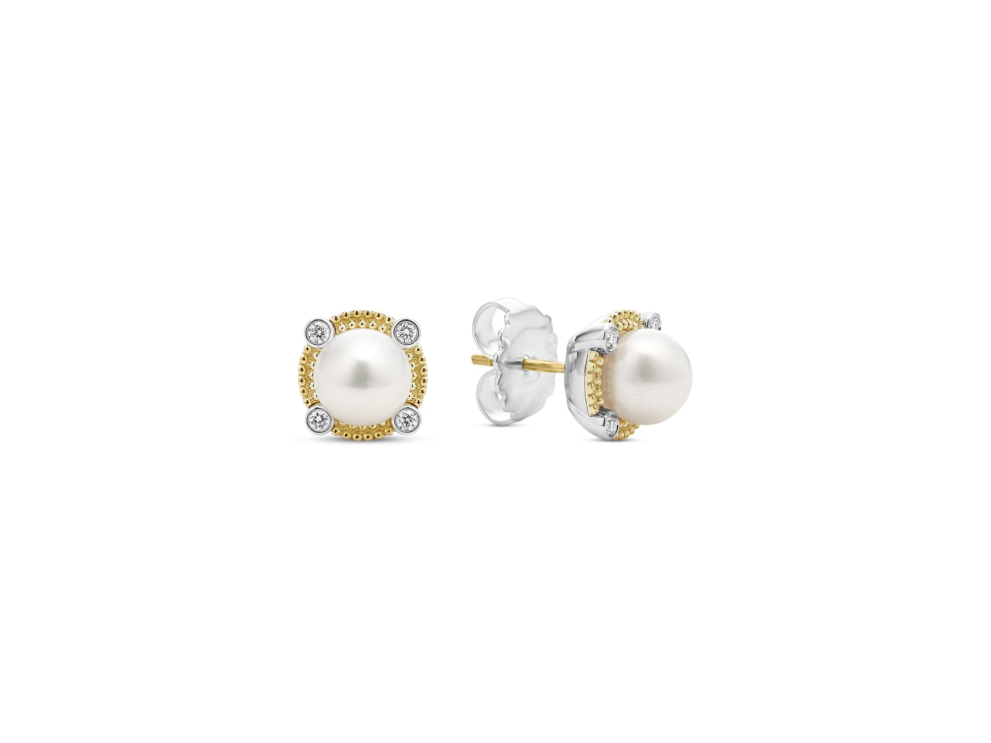 18K Yellow Gold & Sterling Silver Luna Cultured Freshwater Pearl & Diamond Stud Earrings — Image 4