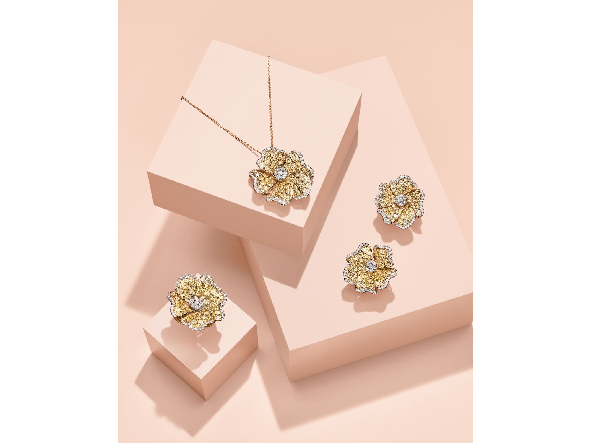 Yellow & White Diamond Flower Pendant Necklace in 14K White & Yellow Gold, 3.25 tcw — Image 3