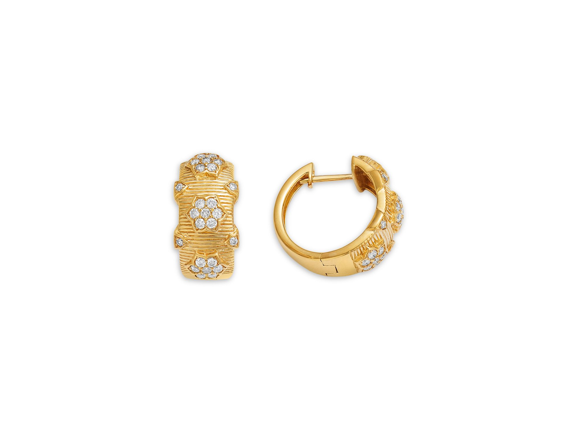 Diamond Huggie Hoops Earrings with Flowers in 14K Yellow Gold, 0.5 tcw — Image 3
