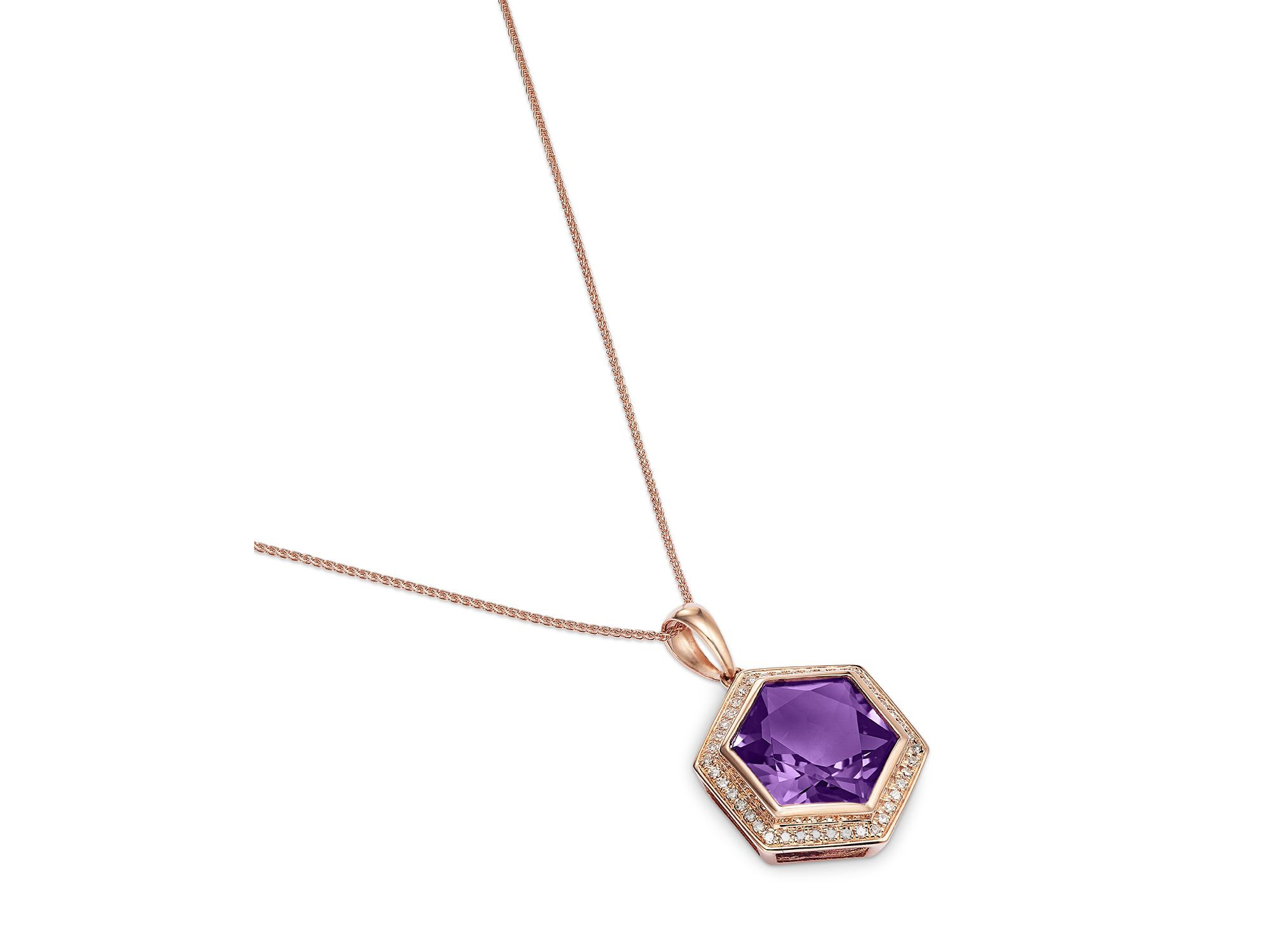 Amethyst & Diamond Bezel Pendant Necklace in 14K Rose Gold, 18" — Image 3
