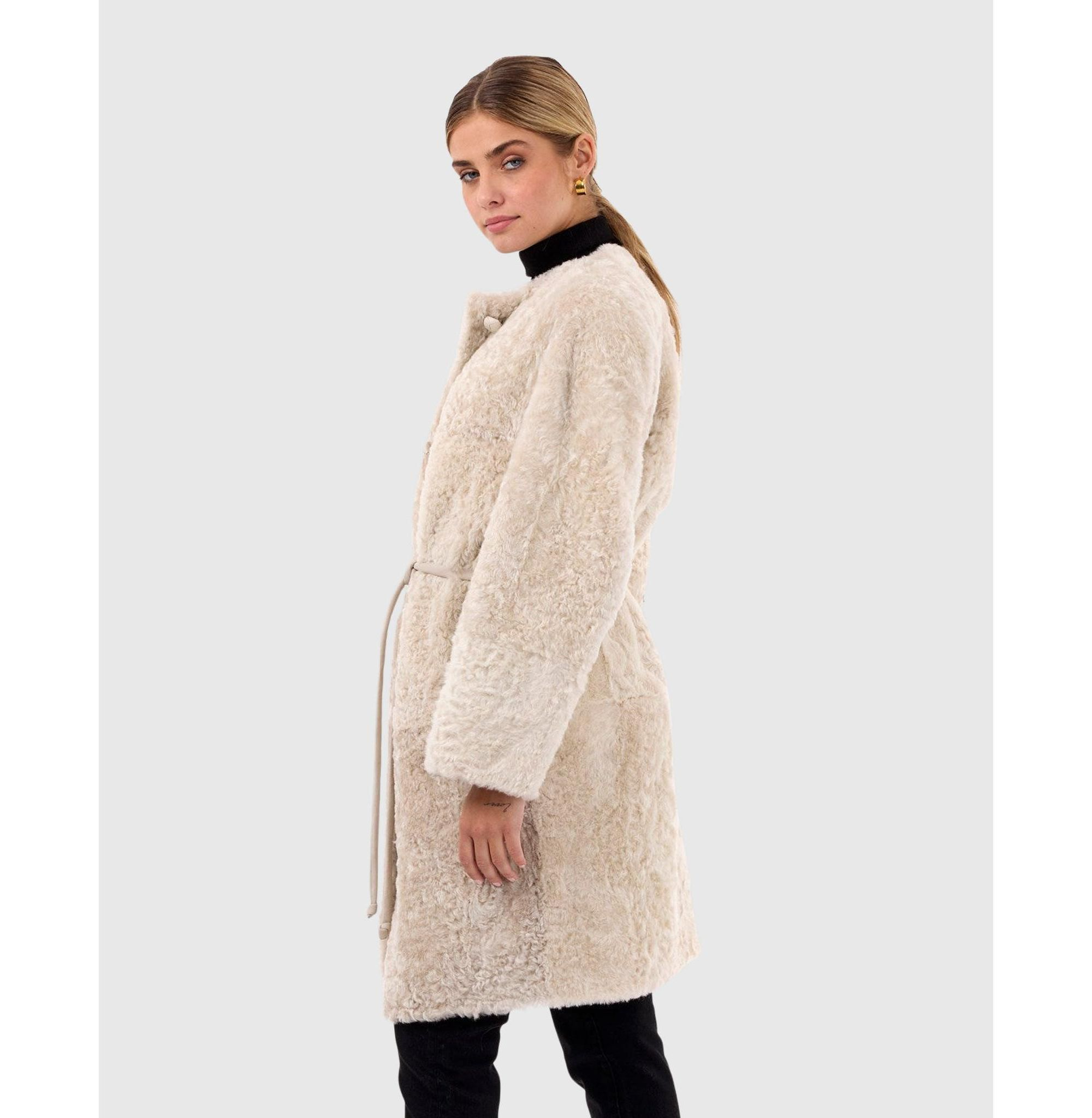 Reversible Collarless Shearling Coat — Image 3