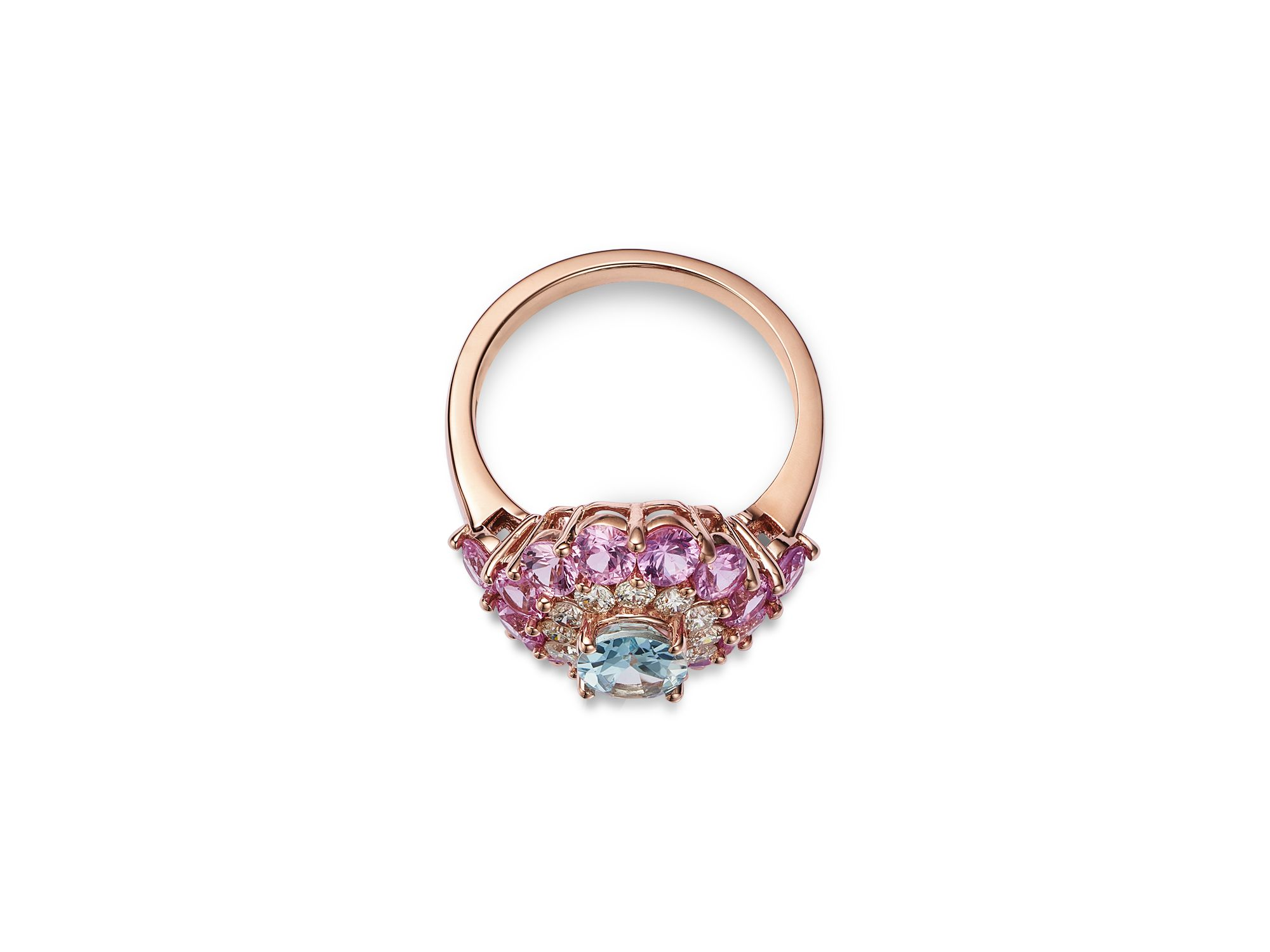 Aquamarine, Pink Sapphire & Diamond Halo Ring in 14K Rose Gold — Image 3