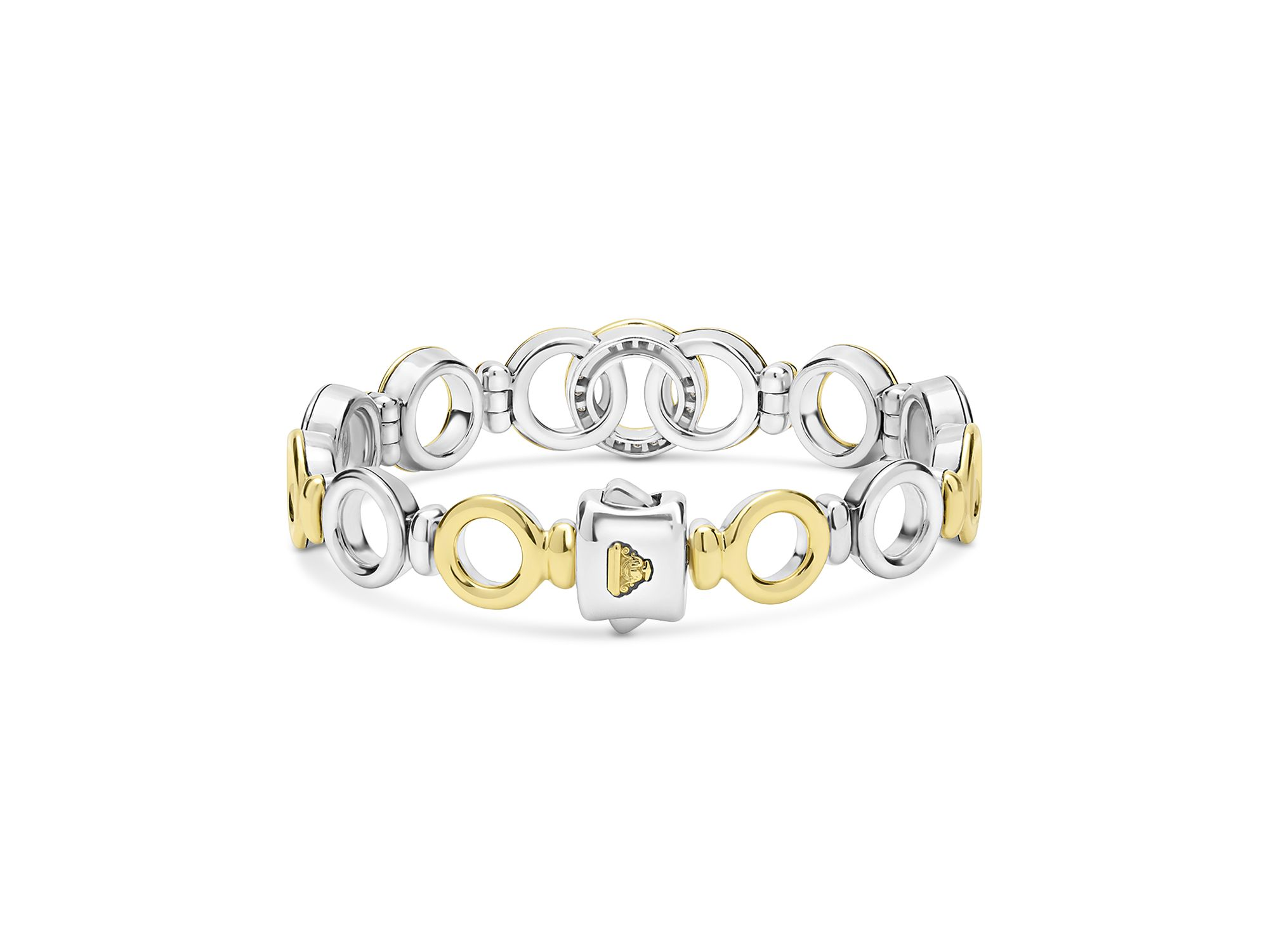 18K Yellow Gold & Sterling Silver Signature Caviar Diamond Interlocking Ring Link Bracelet — Image 4