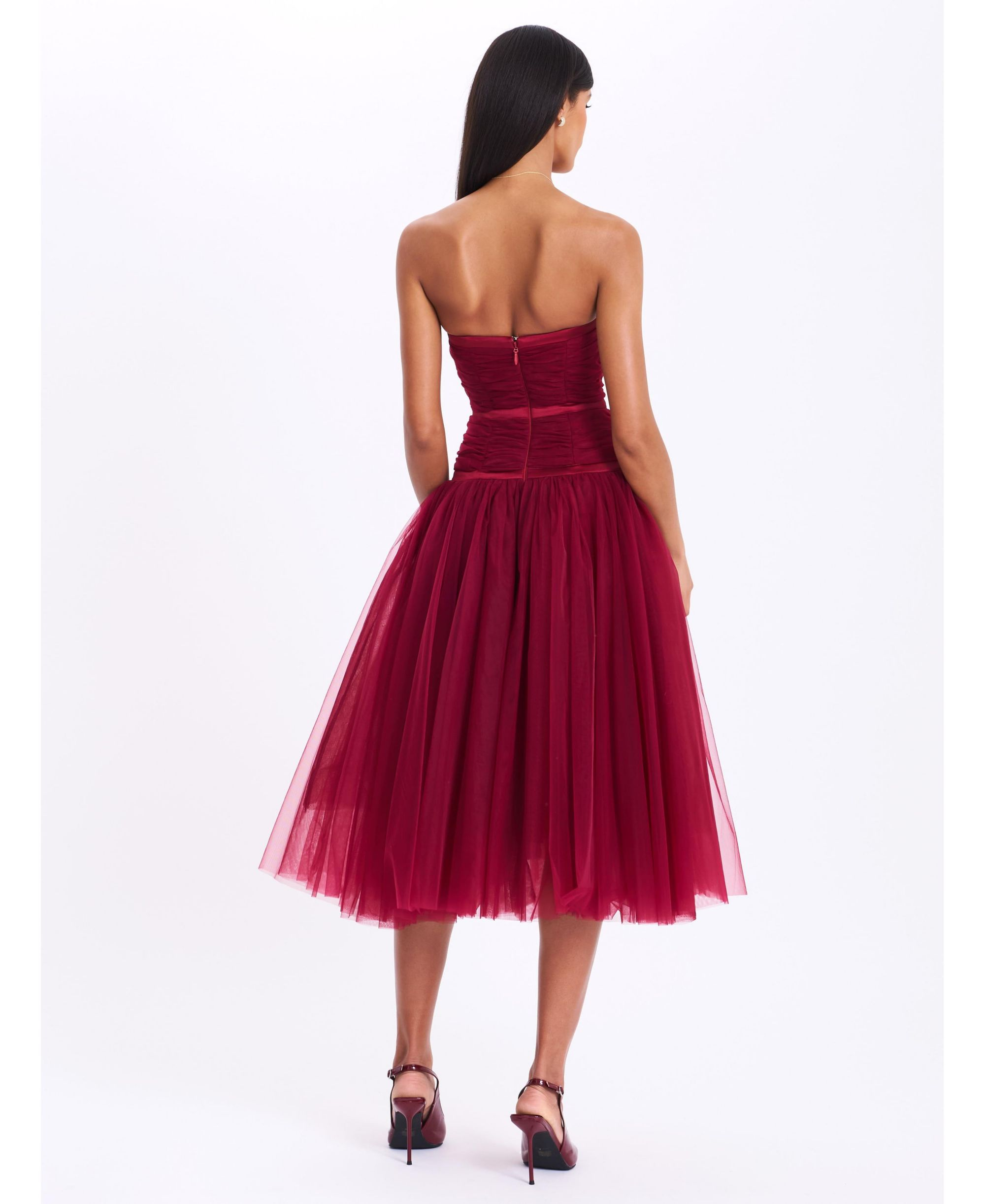 Mabel Drop Waist Layered Mesh Midi Puffy Dress with Bow — Image 9