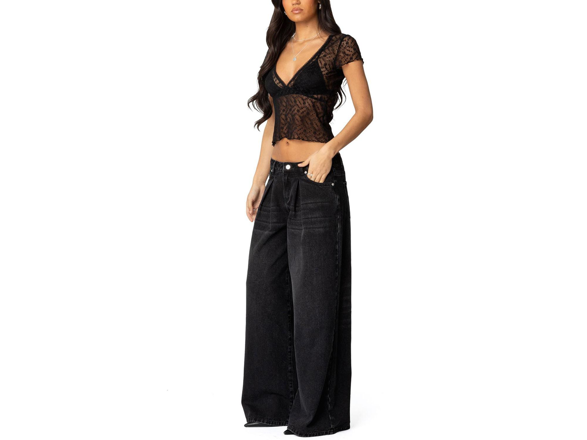 Pleated Detail Low Rise Jeans in Black — Image 3