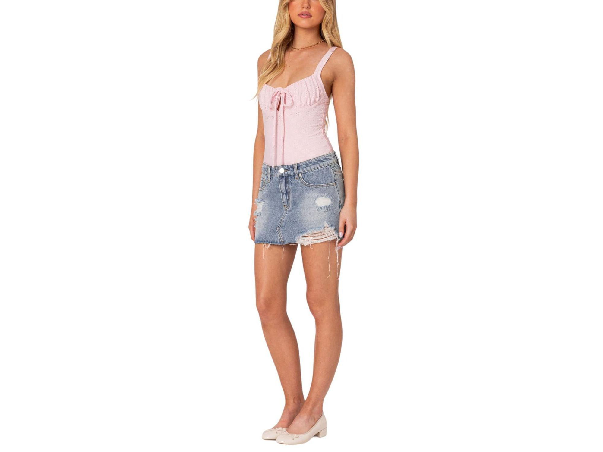 Ginnie Low Rise Distressed Denim Mini Skirt — Image 3