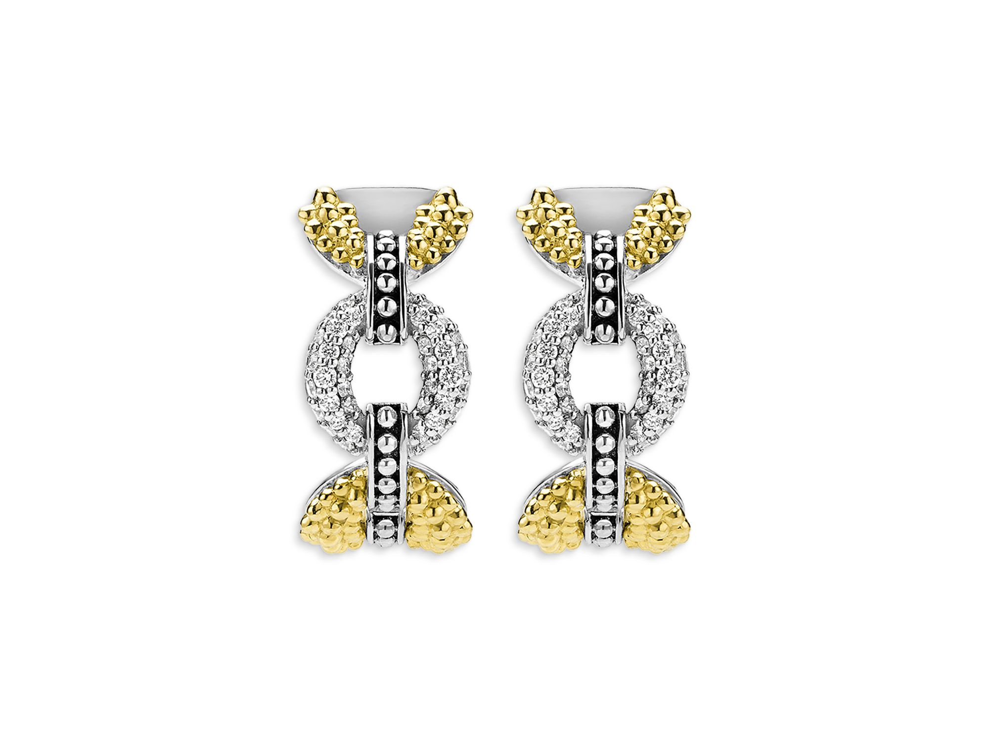 18K Yellow Gold & Sterling Caviar Lux Diamond Link Hoop Earrings — Image 3