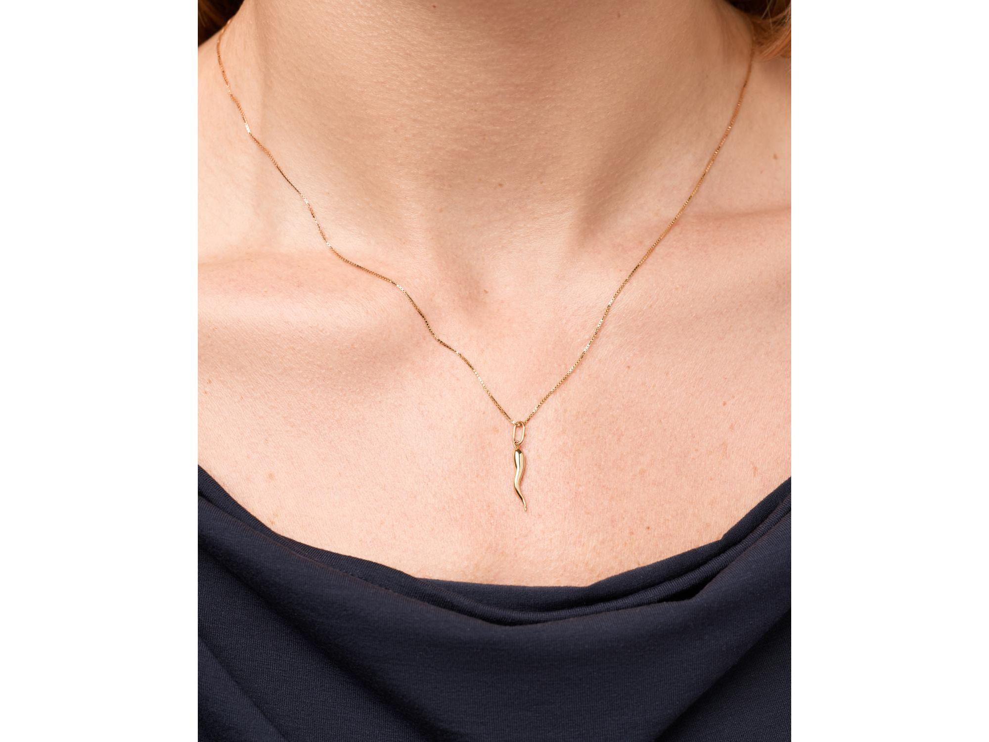Solid Yellow Gold Italian Horn Charm Necklace — Image 4