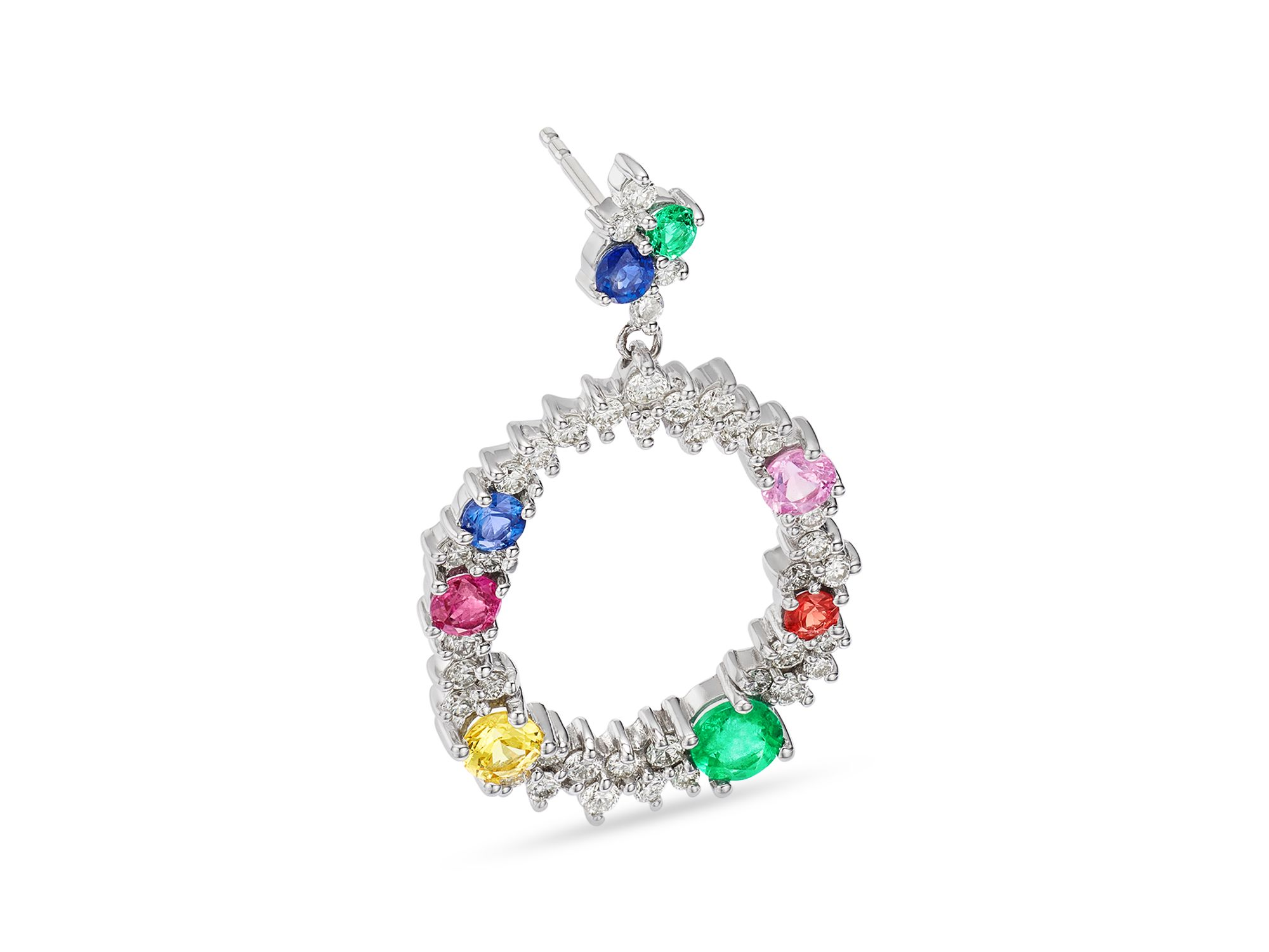 Ruby, Emerald & Rainbow Sapphire Doorknocker Drop Earrings in 14K White Gold — Image 3