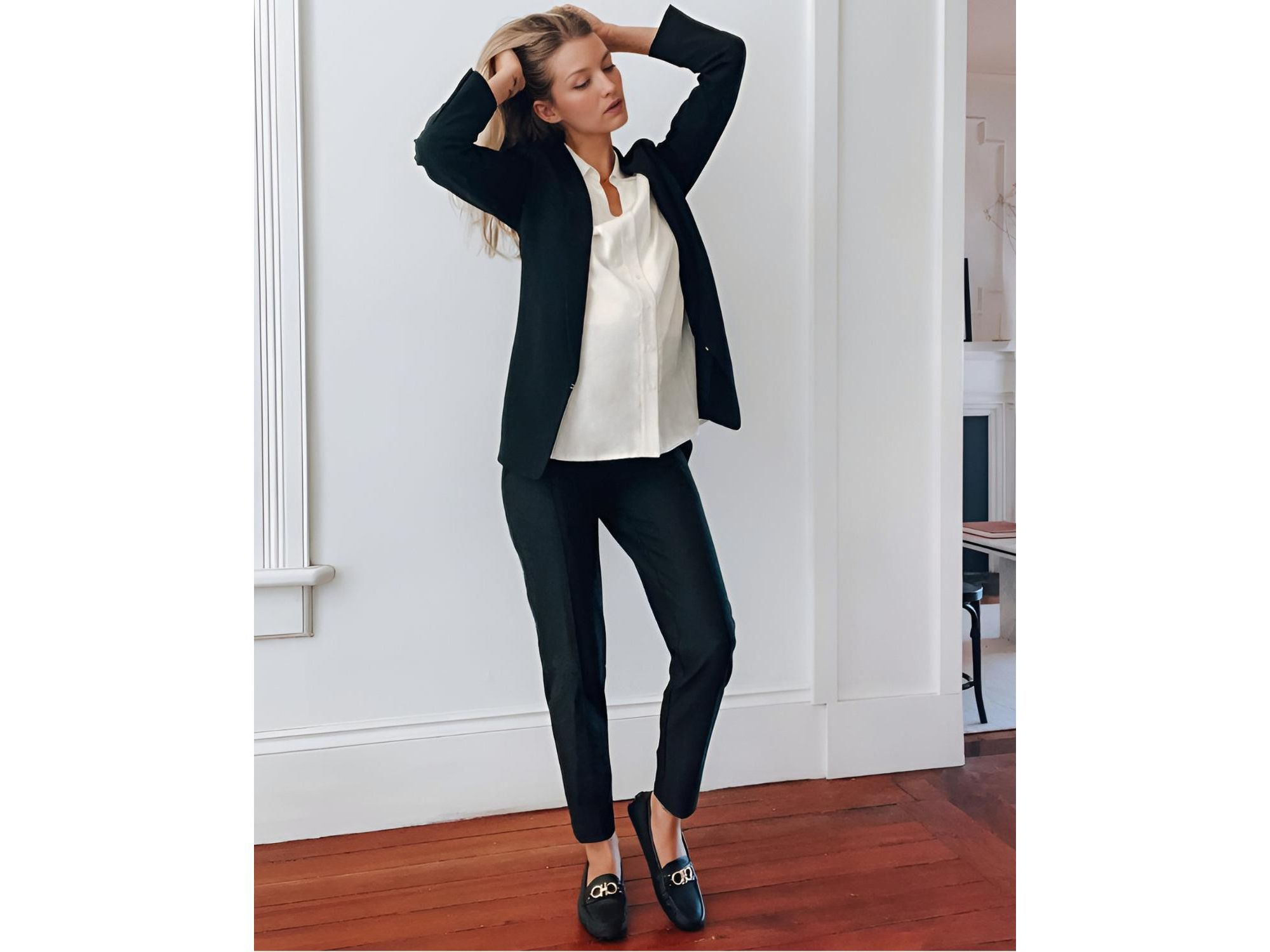 Women s Slim Leg Over-Belly Maternity Dress Pants in Black Italian Stretch Suiting Fabric — Image 3