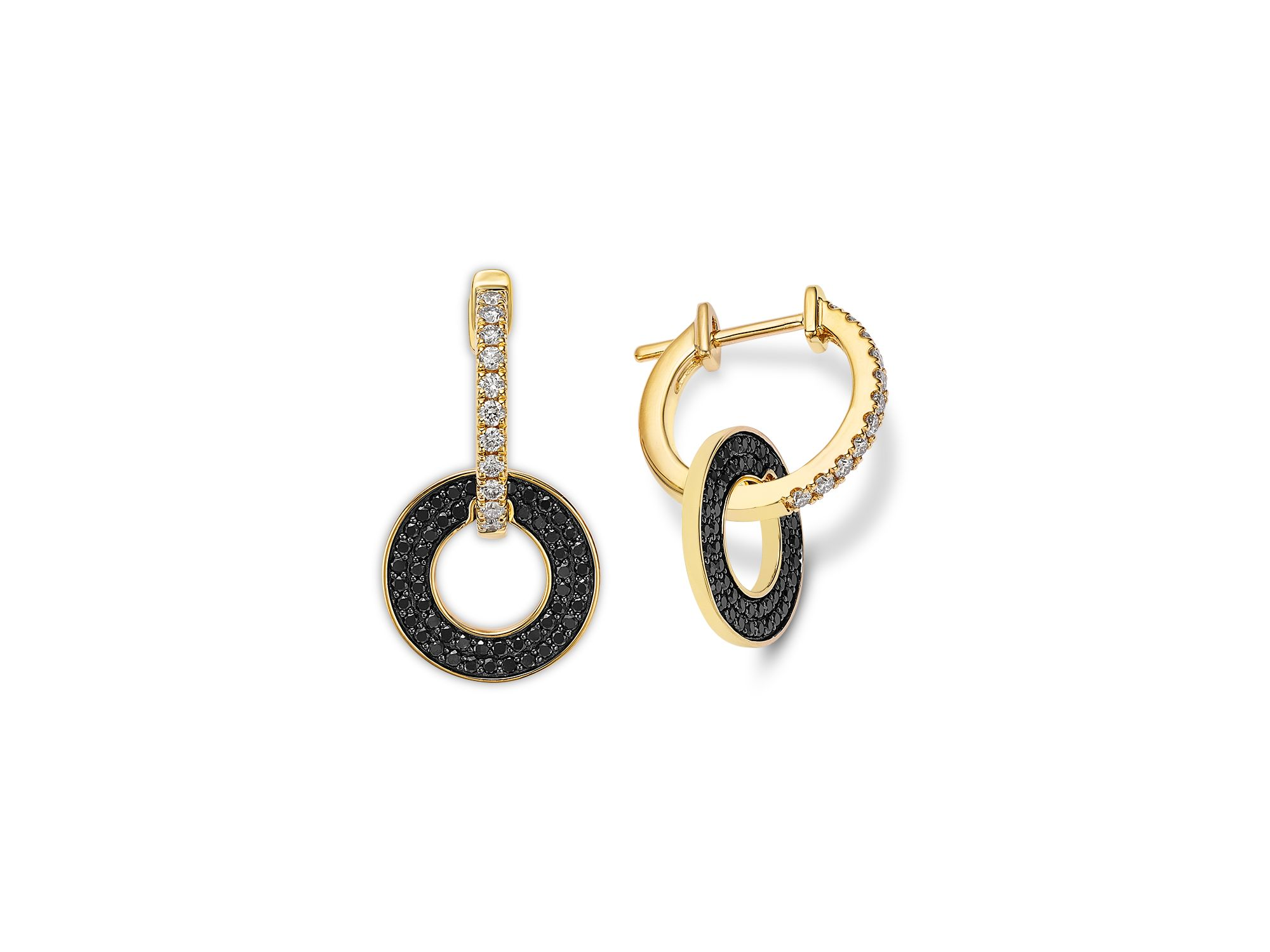 Black & White Diamond Circle Drop Earrings in 14K Yellow Gold, 0.9 tcw — Image 3