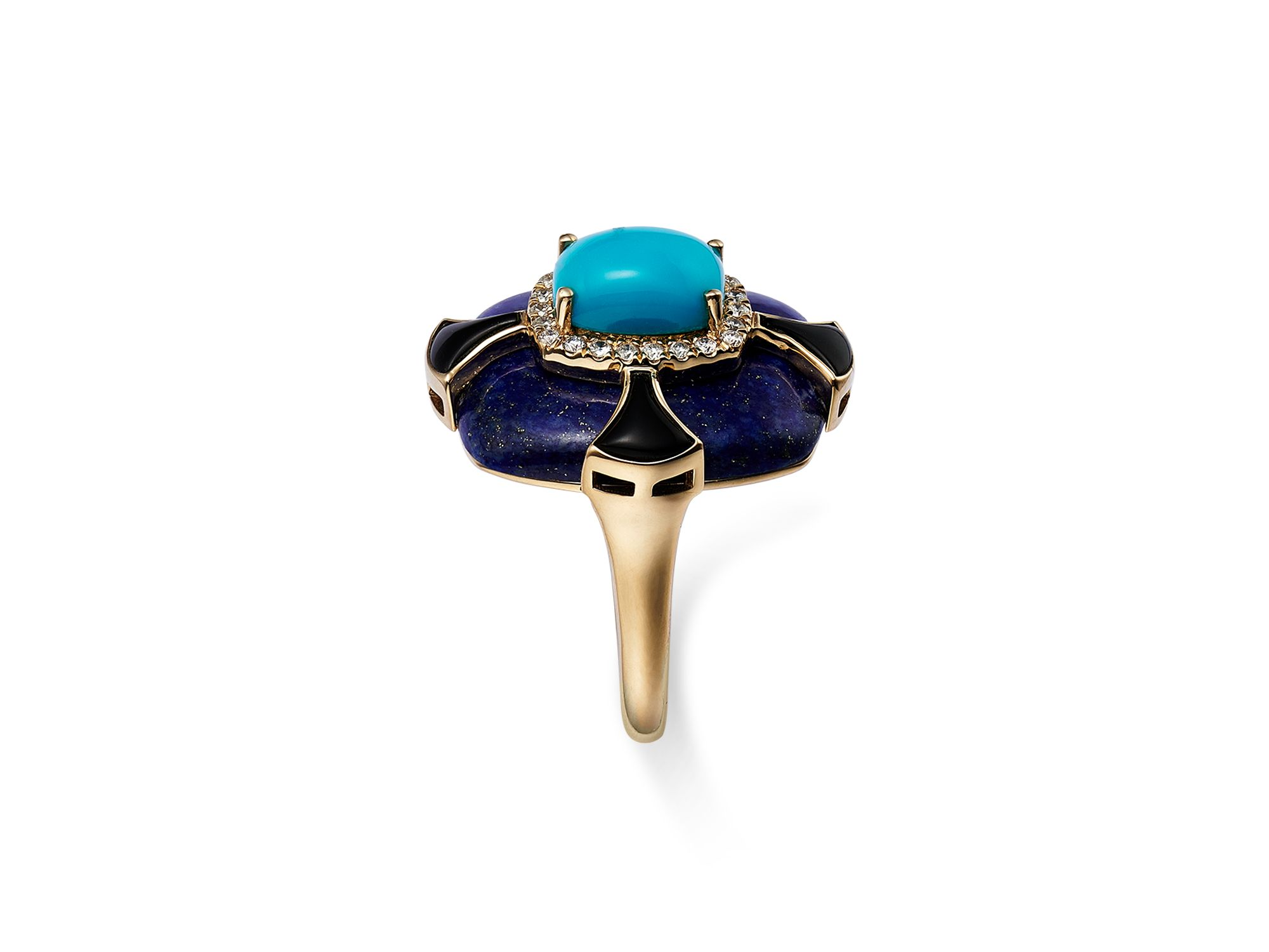 Turquoise, Onyx, Lapis Lazuli & Diamond Statement Ring in 14K Yellow Gold — Image 5