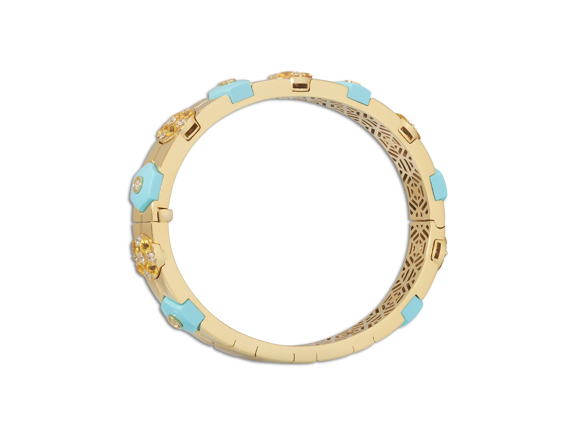18K Yellow Gold Baia Bangle Bracelet with Diamonds, Yellow Sapphire & Turquoise — Image 3