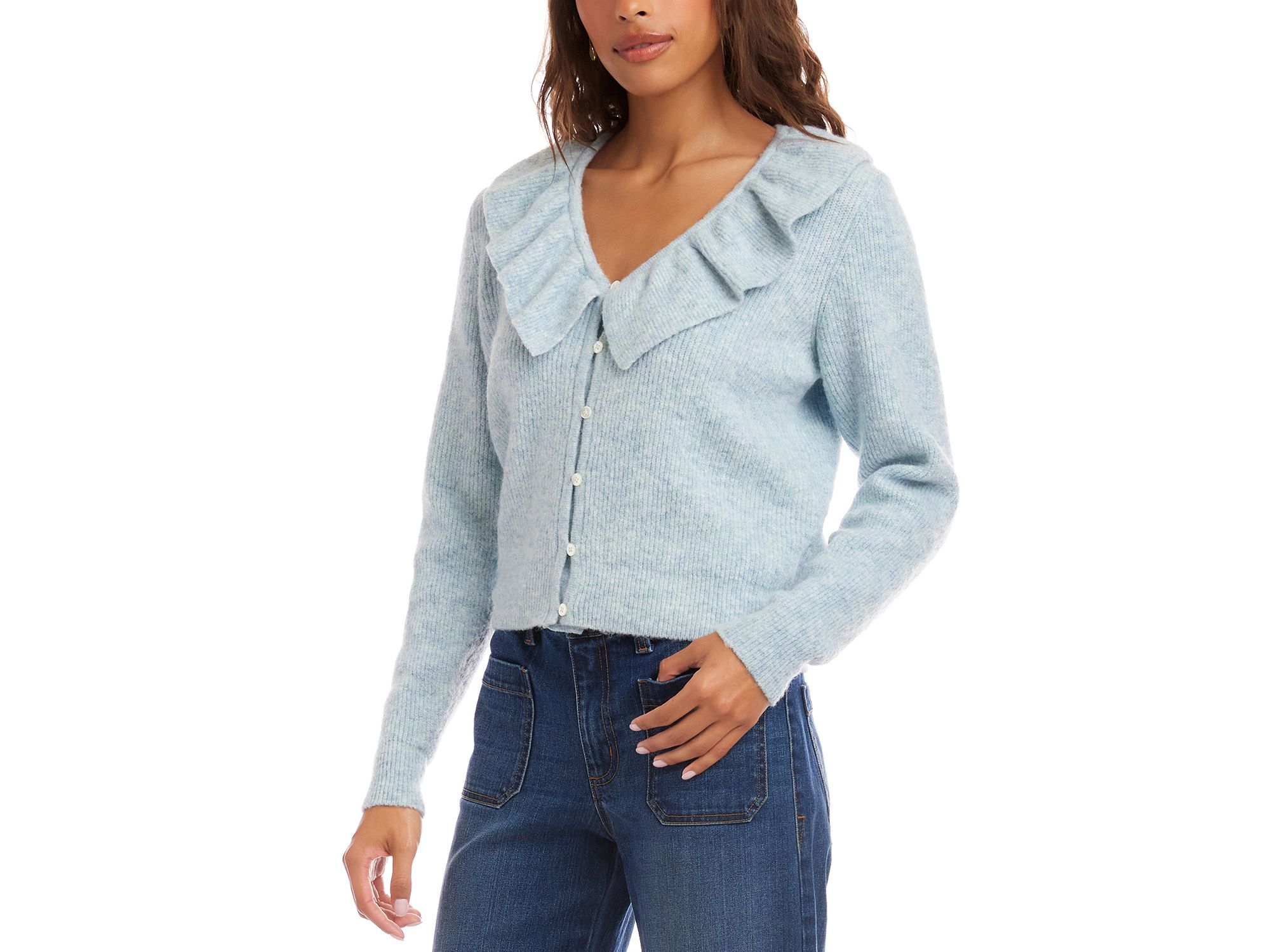 Ruffle Neckline Cardigan Sweater — Image 3