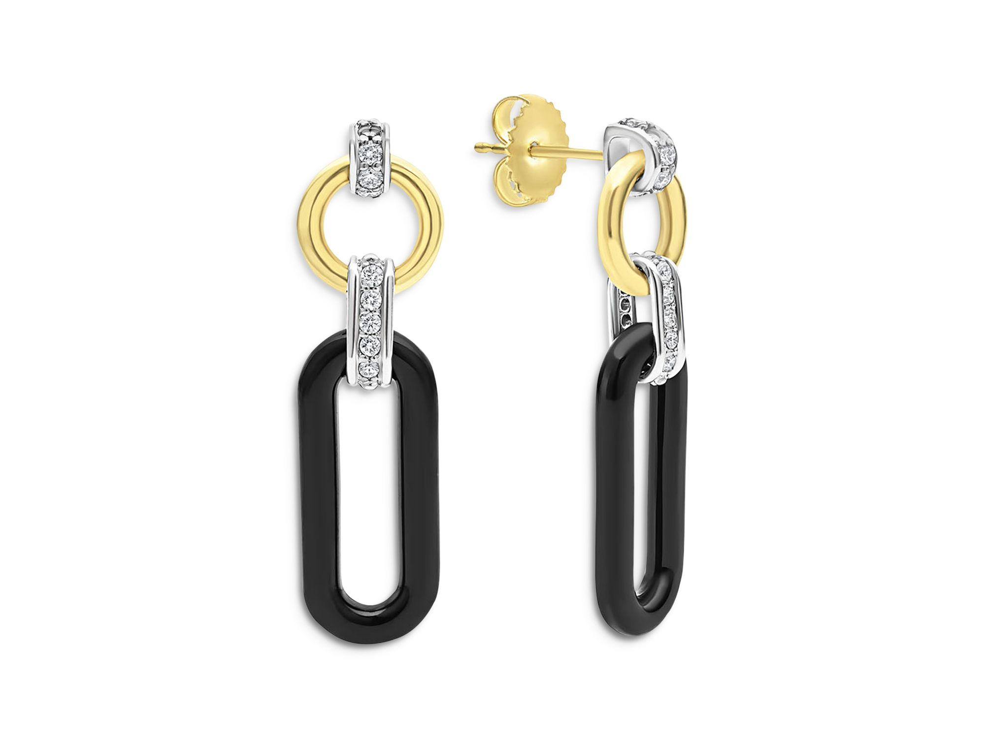 18K Gold Signature Caviar Diamond & Black Ceramic Link Drop Earrings — Image 3