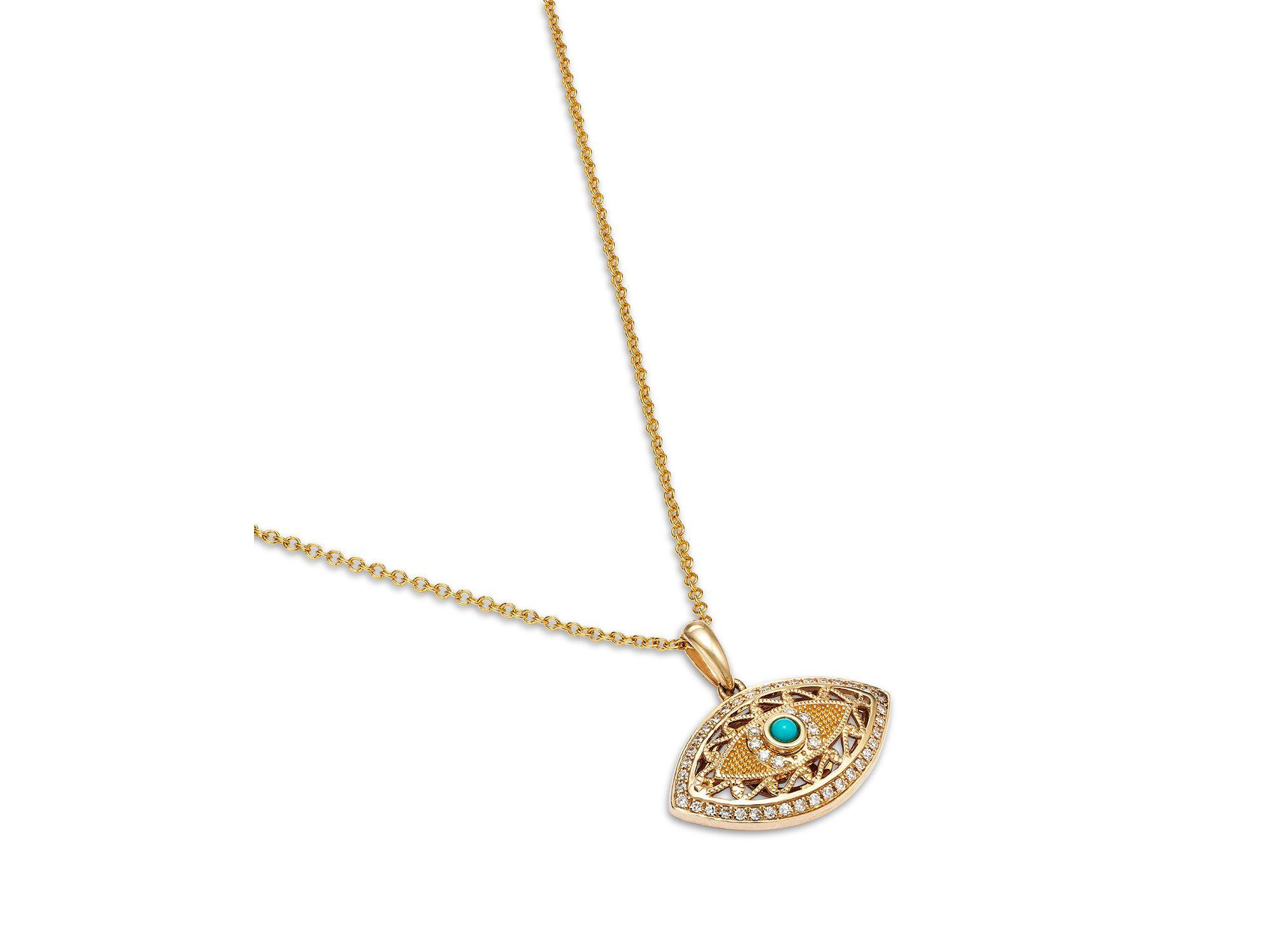 Turquoise & Diamond Evil Eye Pendant Necklace in 14K Yellow Gold, 18" — Image 3