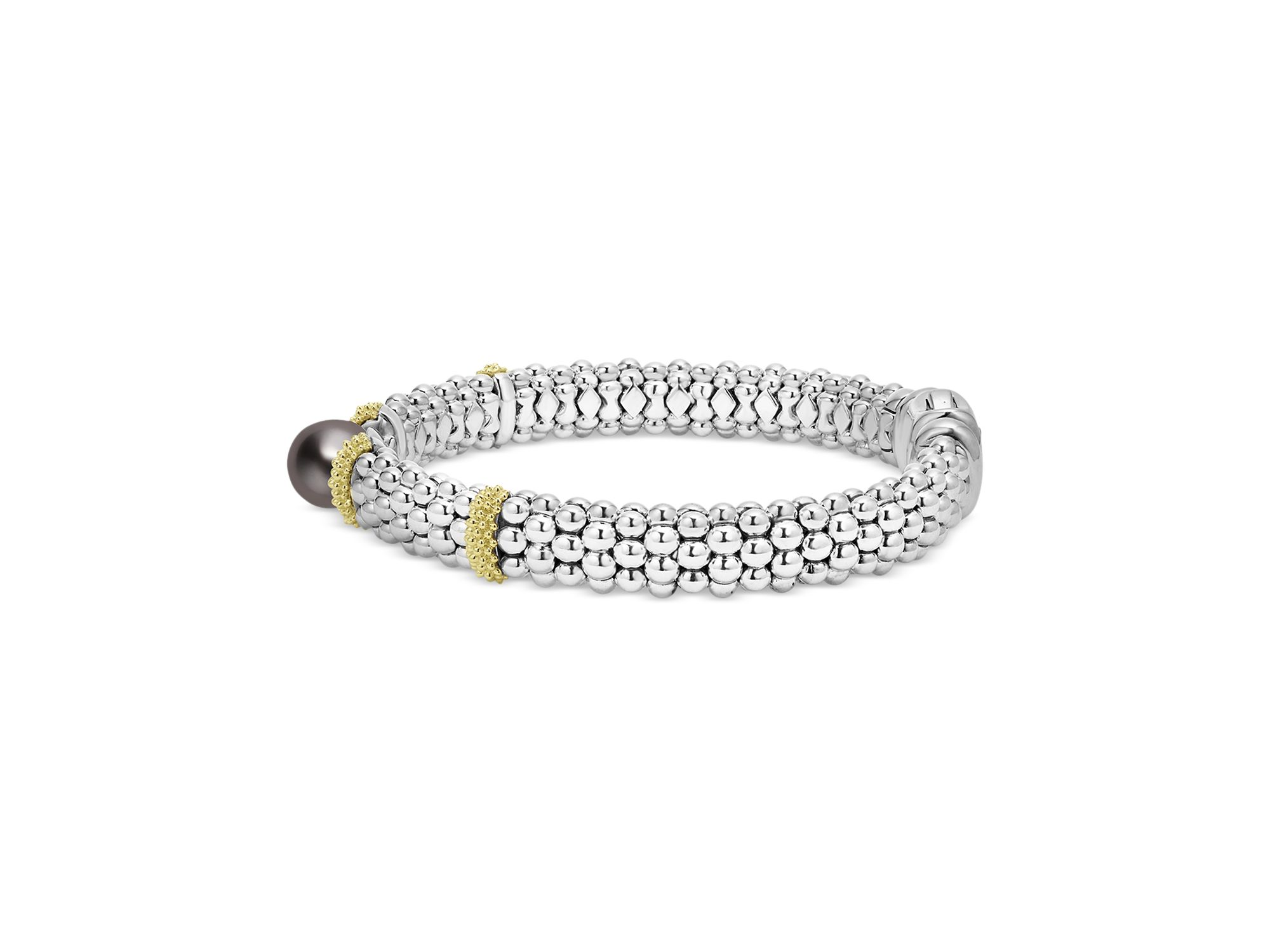 18K Yellow Gold & Sterling Silver Luna Black Tahitian Pearl Caviar Bead Bracelet — Image 4