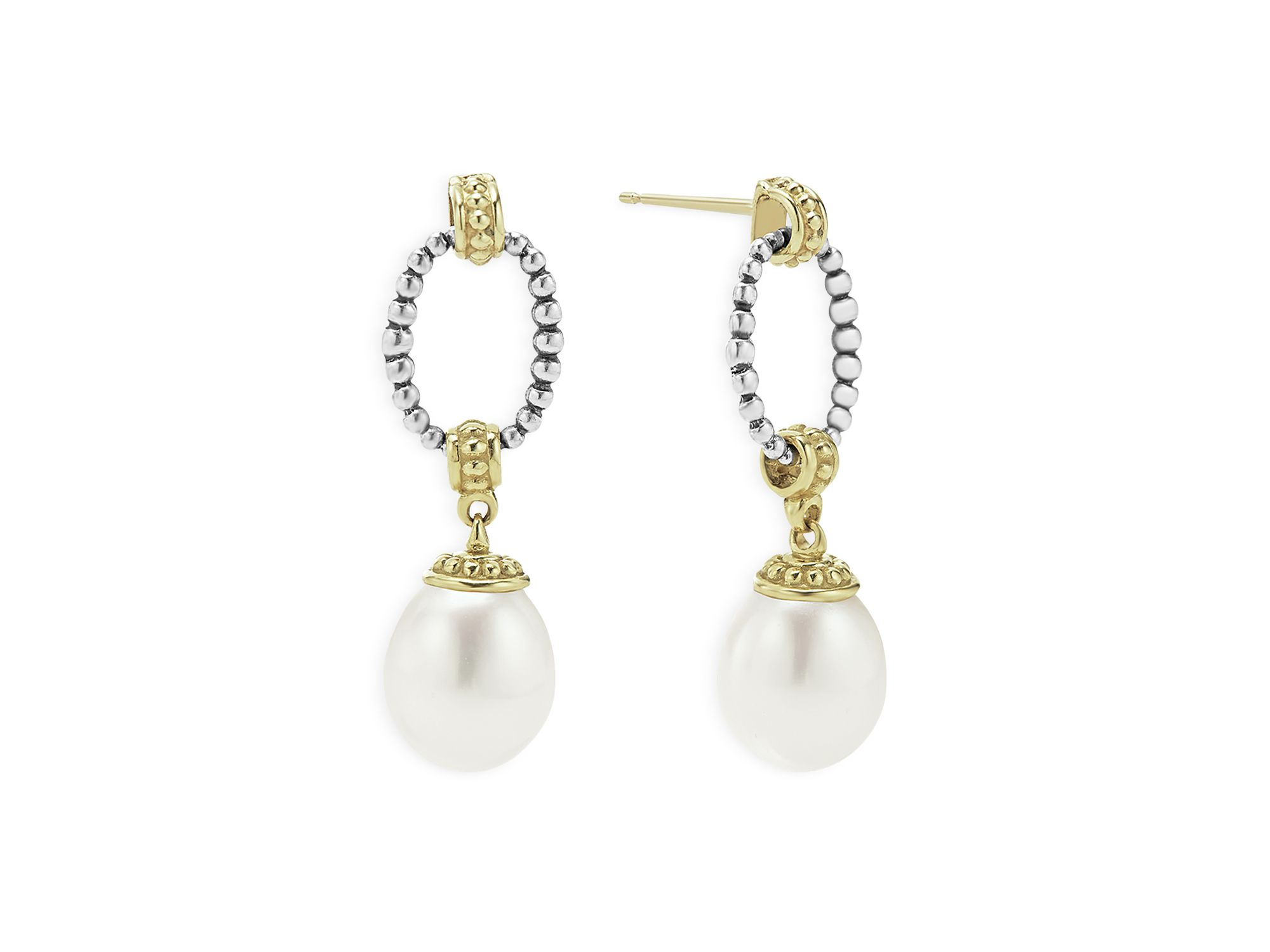 18k Gold & Sterling Silver Two Tone Cultured Pearl Oval Drop Earrings — Image 3
