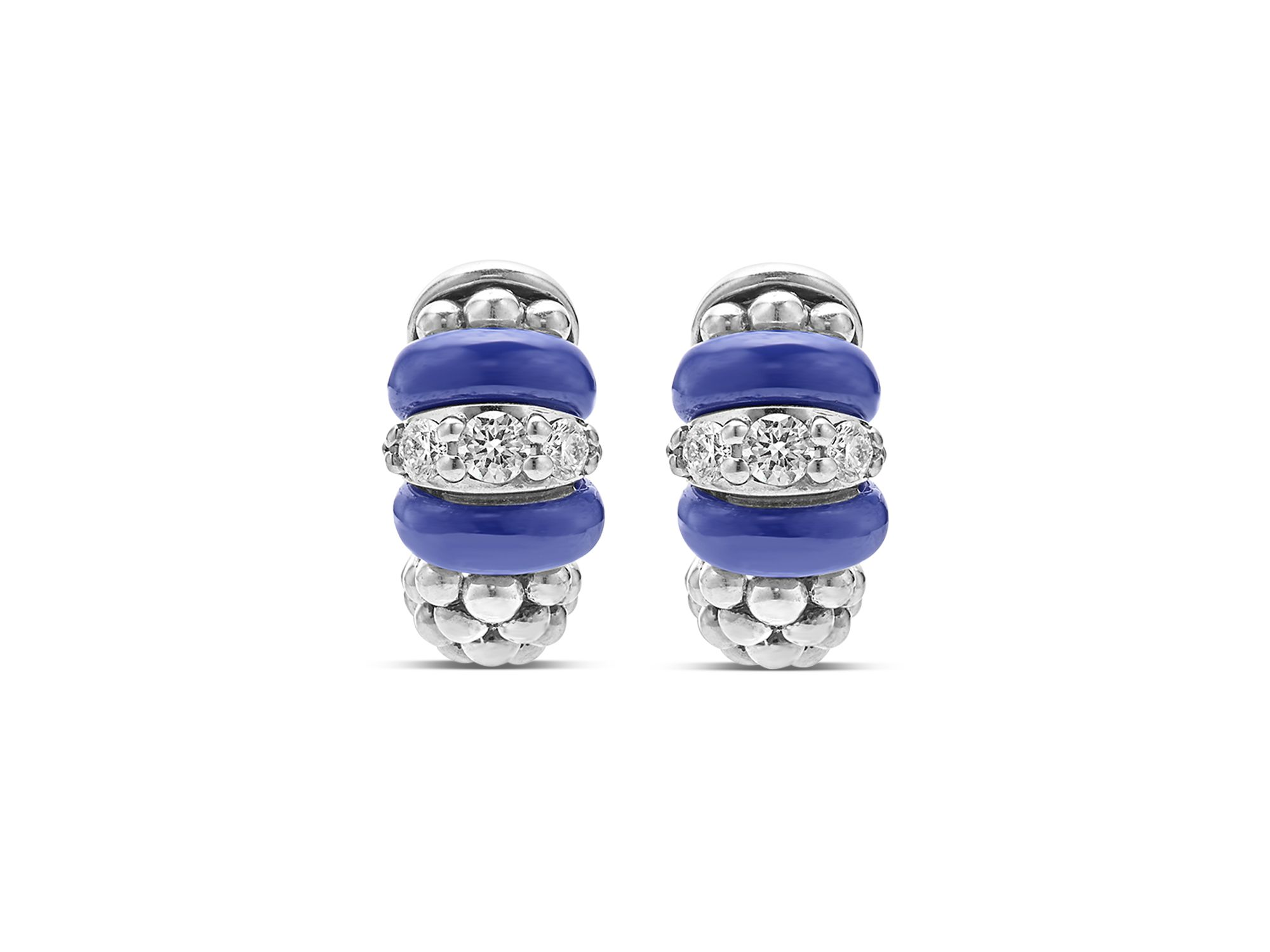 Blue Caviar Ceramic and Diamond Huggie Earrings in Sterling Silver — Image 3