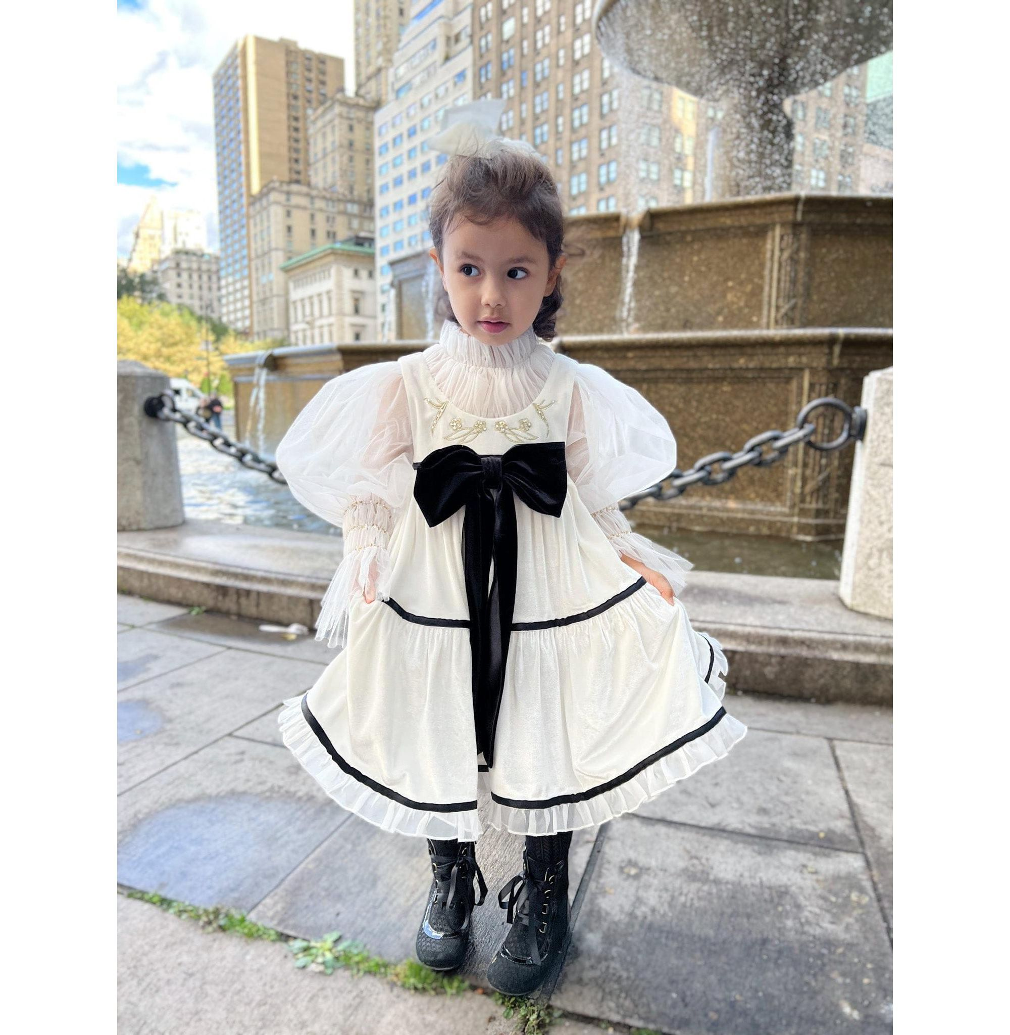 Girls' Aurora Ivory Velour Dress with Tulle Puff Sleeves - Baby, Little Kid, Big Kid — Image 4