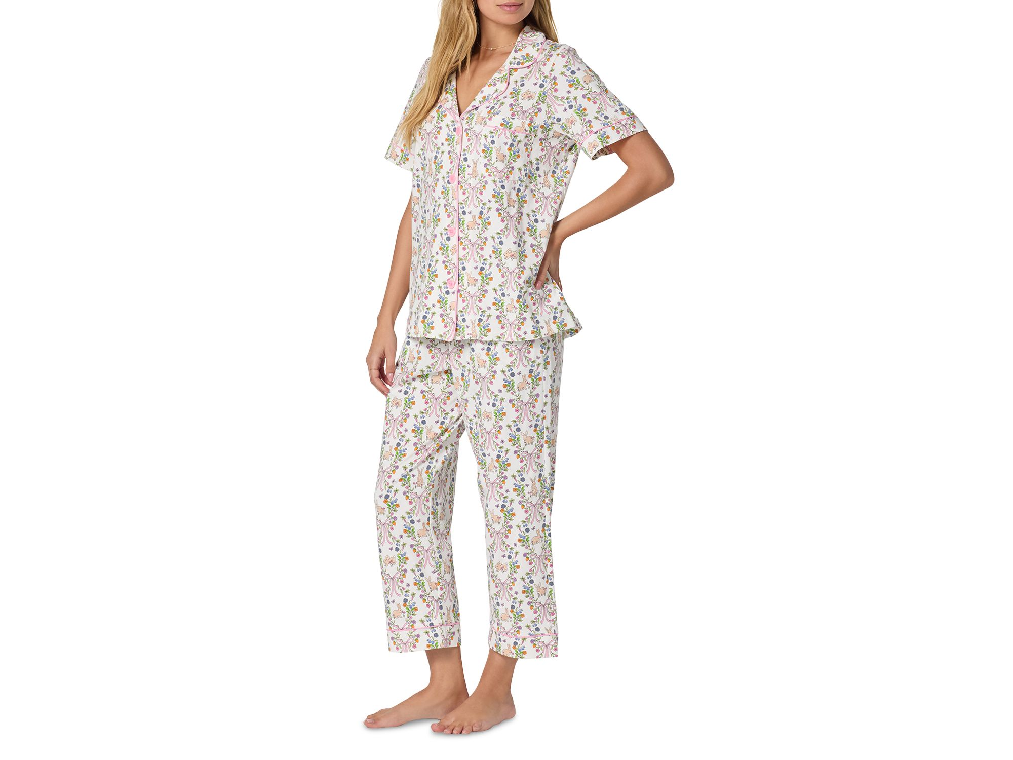 Pink Short Sleeve Classic Stretch Jersey Cropped Pajama Set in Bunny Blooms — Image 6
