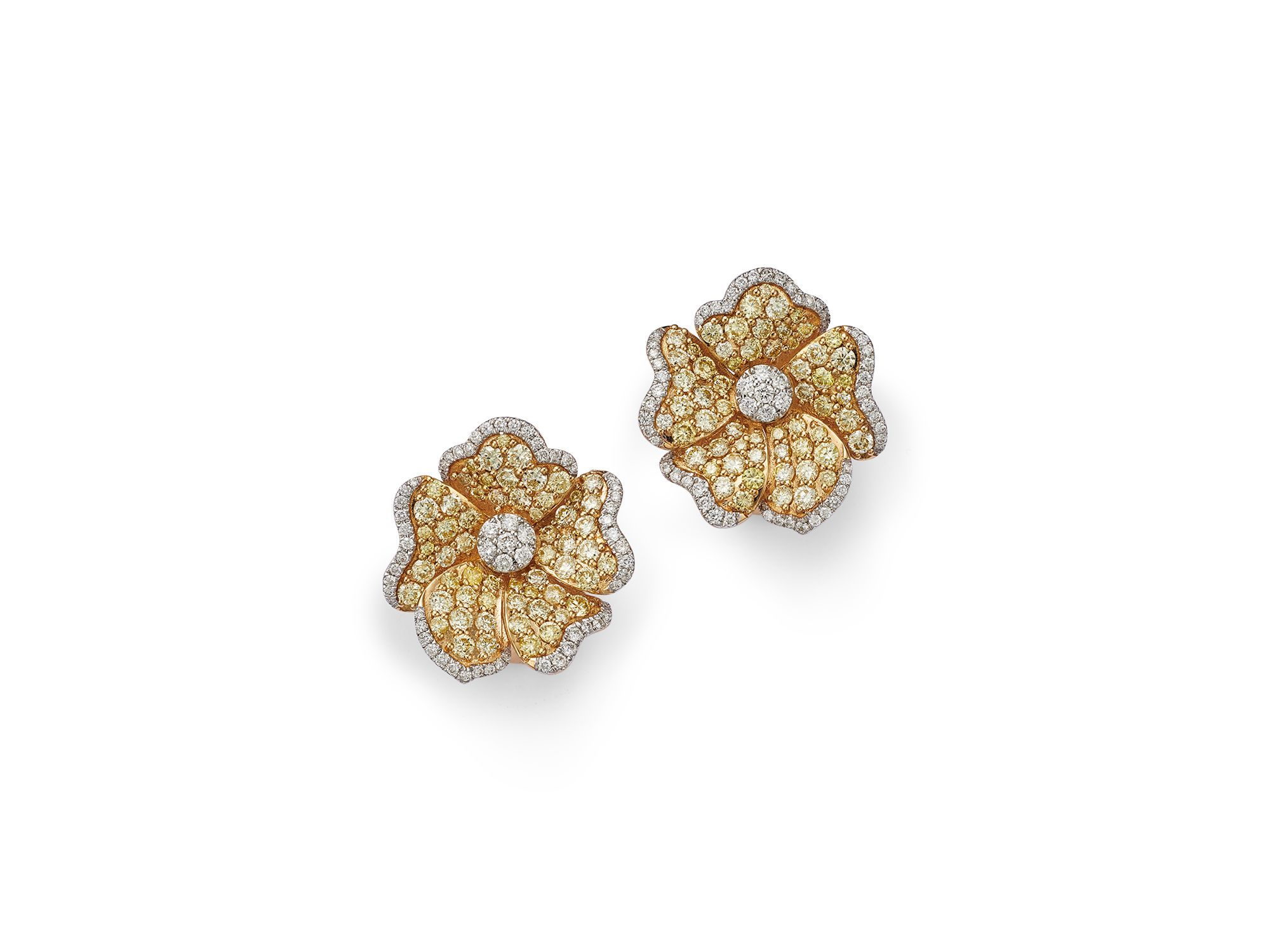 Yellow & White Diamond Flower Stud Earrings in 14K White & Yellow Gold, 4.4 tcw — Image 4